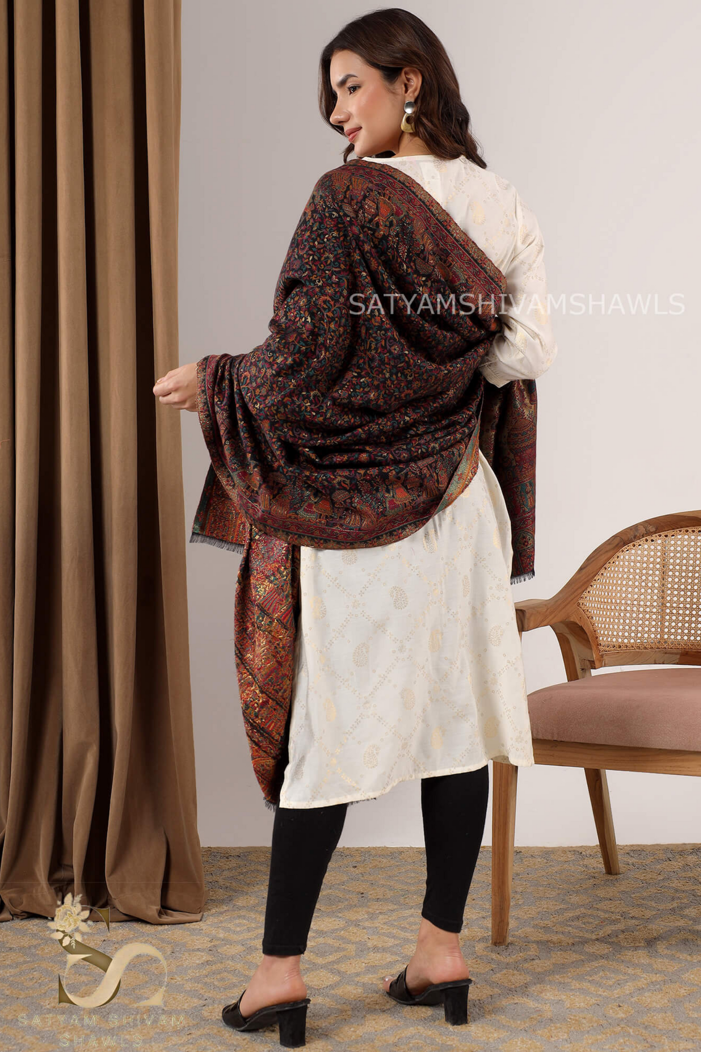 MOONLIGHT MUGHAL DARBAR PALLA PASHMINA BLEND WOOL SHAWL,BLACK