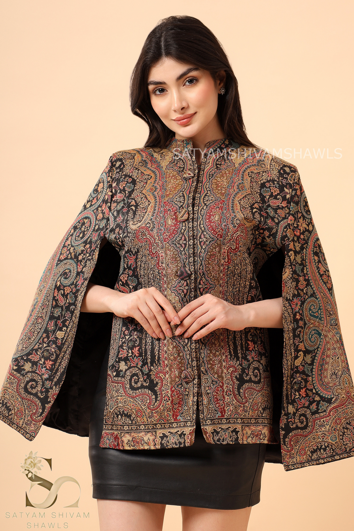 KANI WOVEN VINTAGE KASHMIRI PASHMINA BLEND WOOL CAPE,BLACK