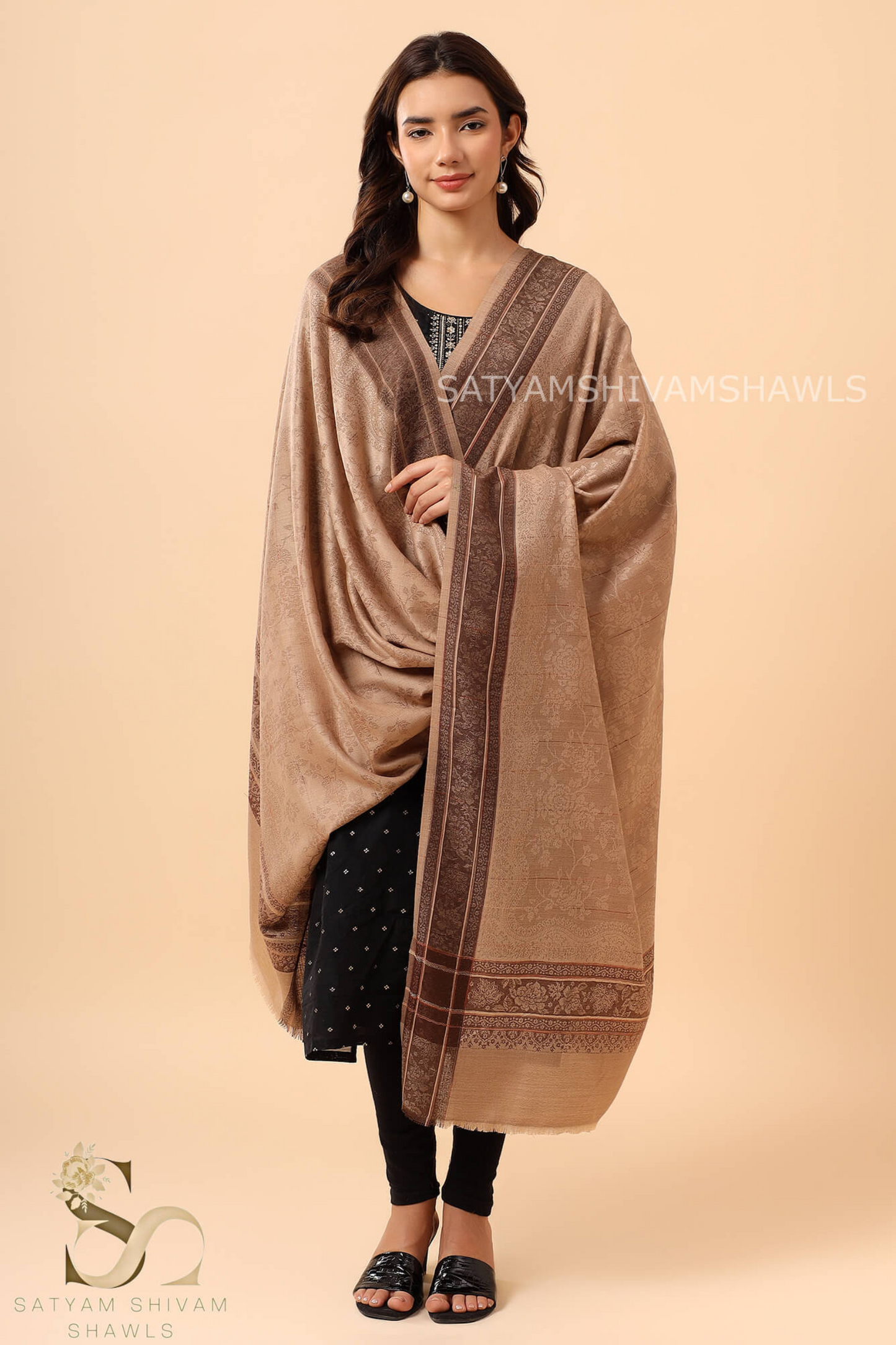 PURE WOOL REVERSIBLE BORDER STRIPS SELF DESIGN SHAWL ,CAMEL