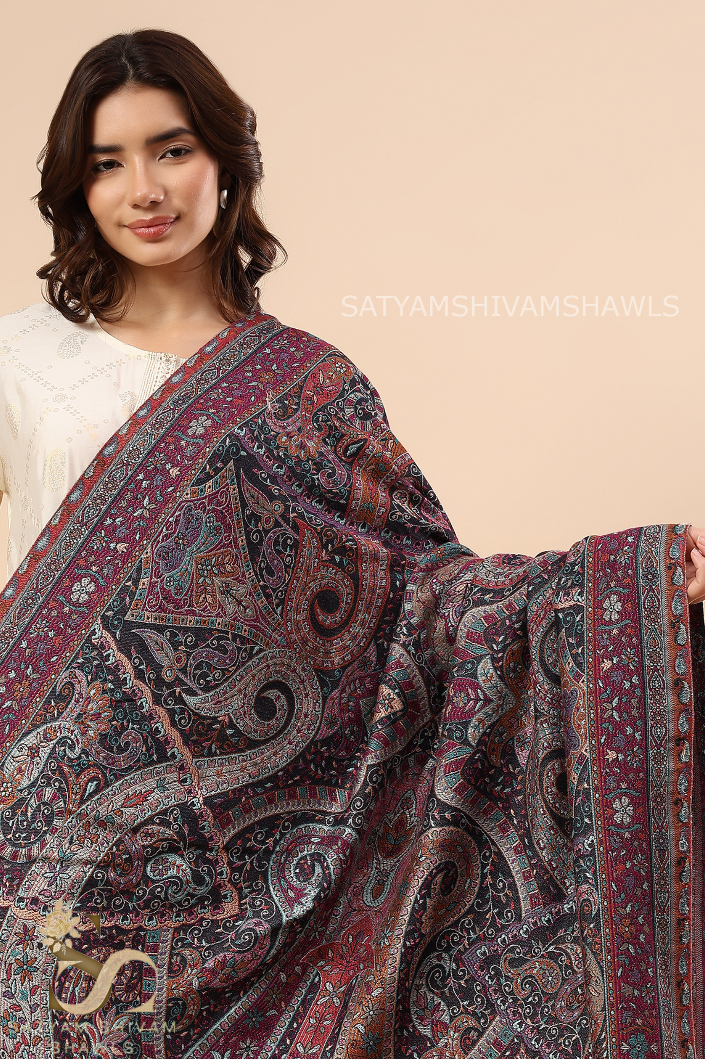TURKISH PAISLEY FINE WOOL PASHMINA JAMAWAR KANI SHAWLS,MULTY KASHMIRI COLOURS ON BLACK BASE