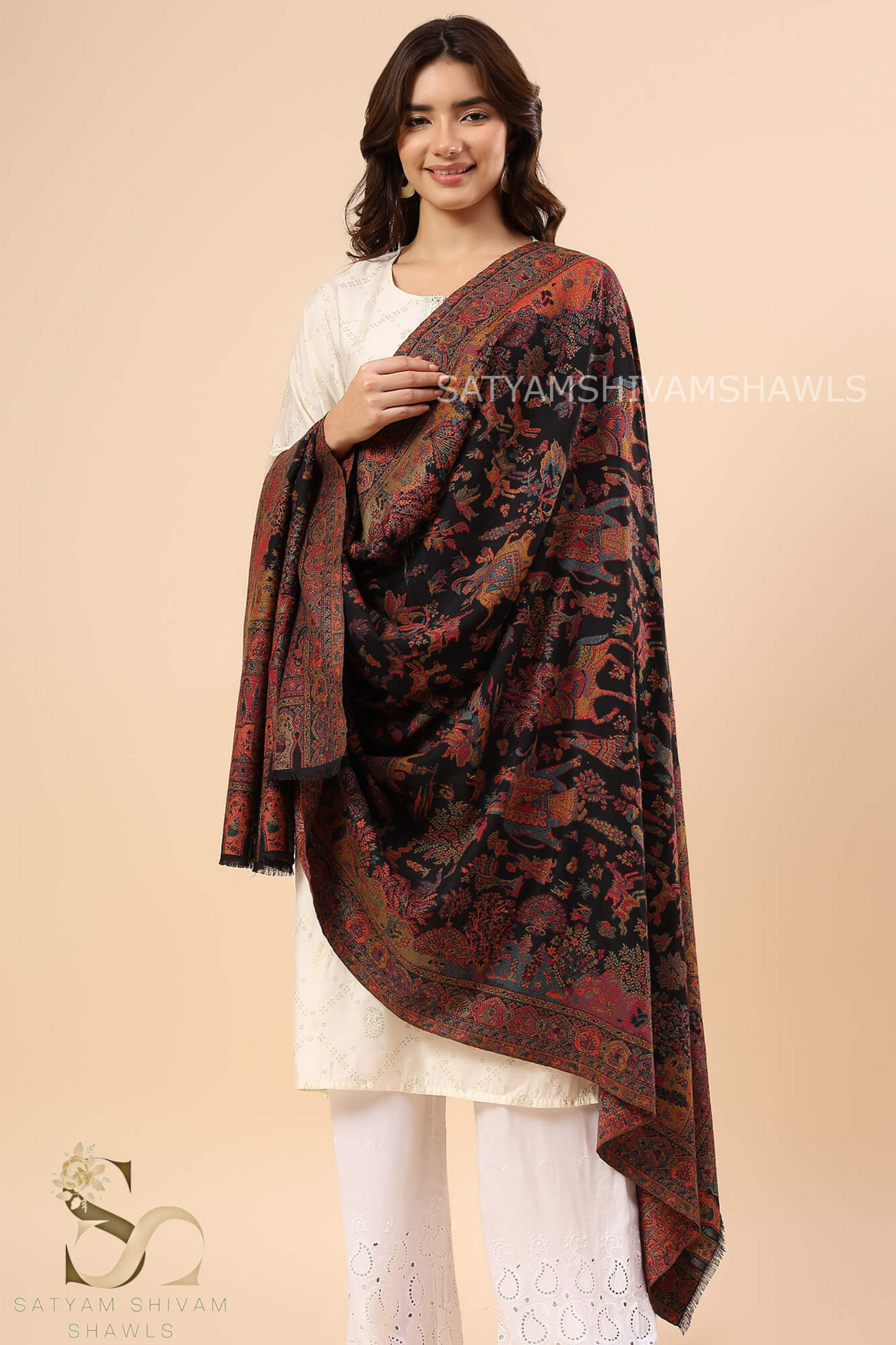 "GARDEN OF DELIGHT" PASHMINA KANI SHIKARGAH DHOLI THEME DESIGN SHAWL,WARM AND SOFT