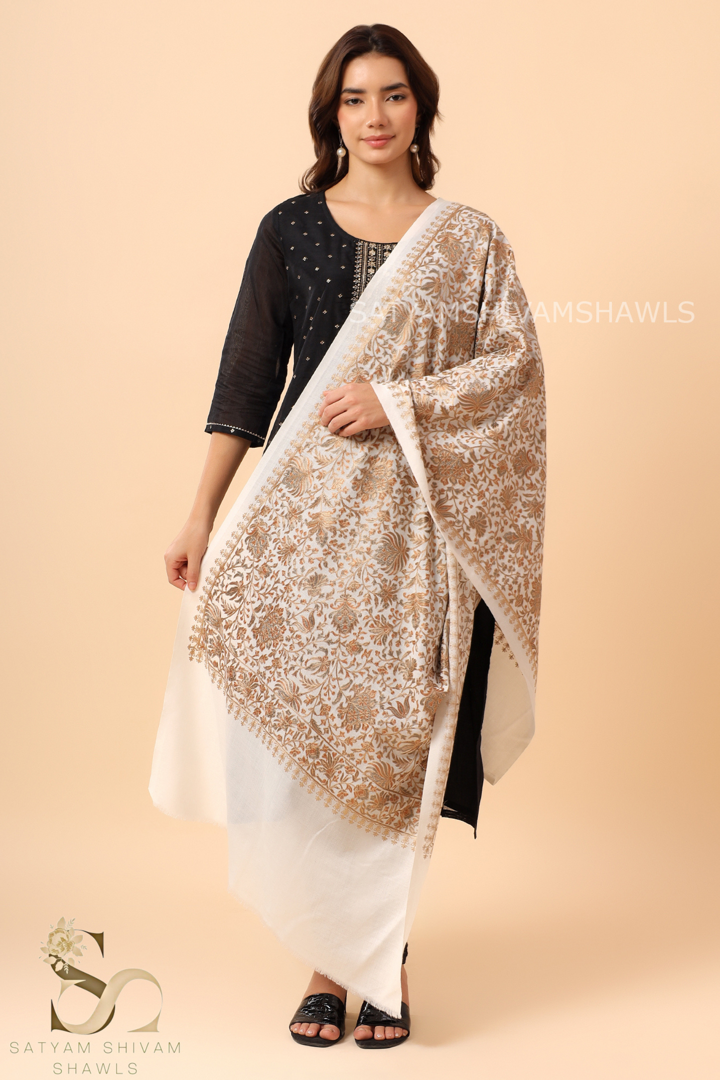 PASHMINA FINE WOOL NALKI EMBRODIERY WEAVE STOLE,WARM & SOFT,WHITE