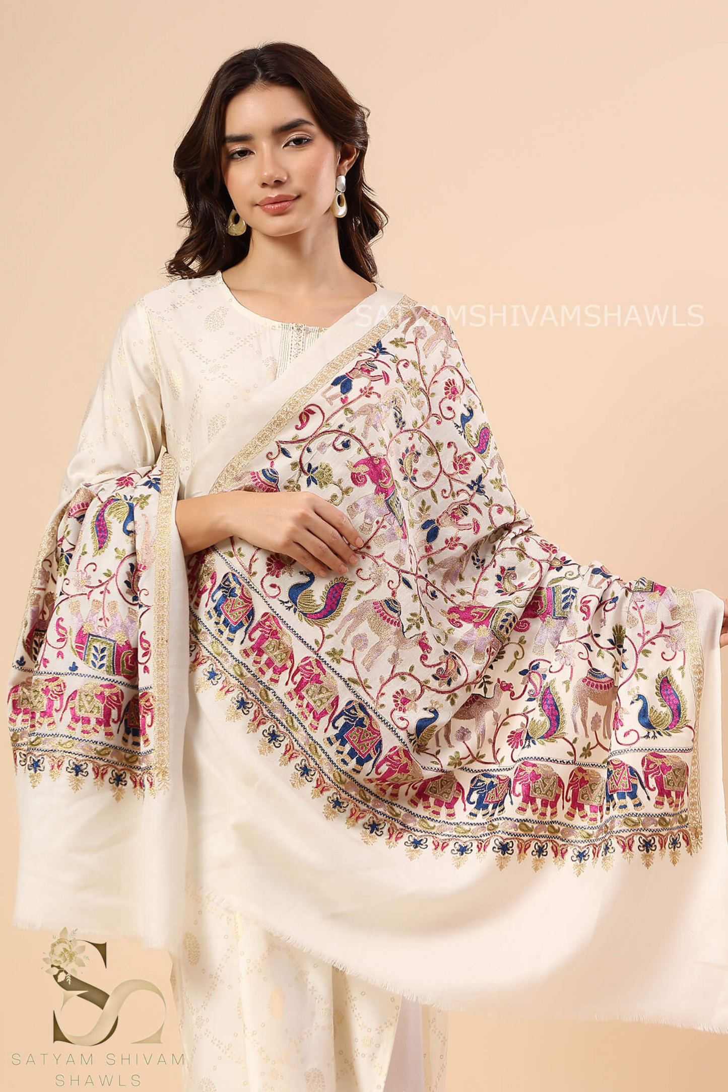 "SHIKAAR-E-KASHMIR" TILLA EMBRODIERY FINE PASHMINA WOOL, WARM AND SOFT,WHITE