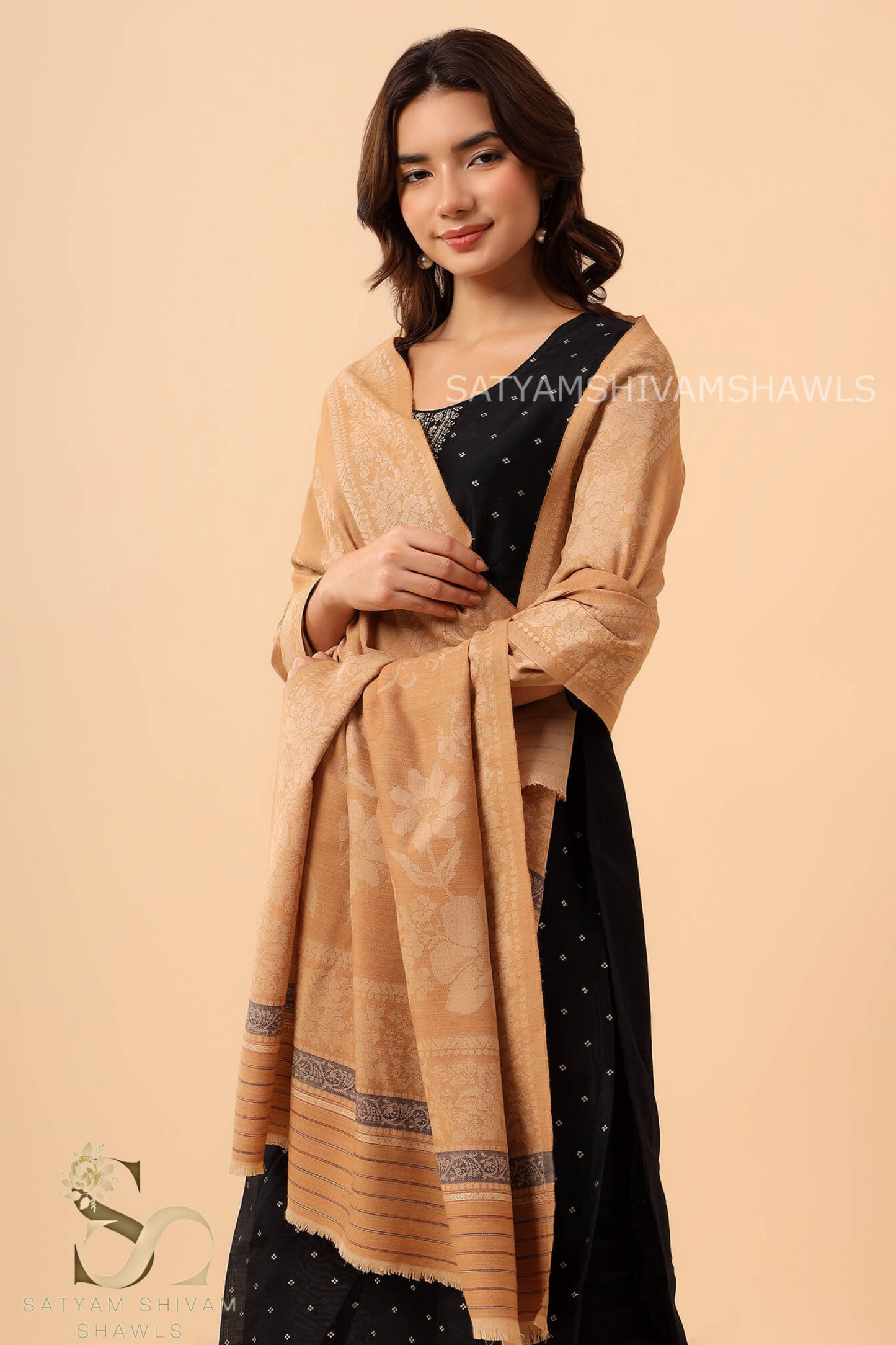PURE WOOL REVERSIBLE SELF FLOWER DESIGN SHAWL,MUSTARD