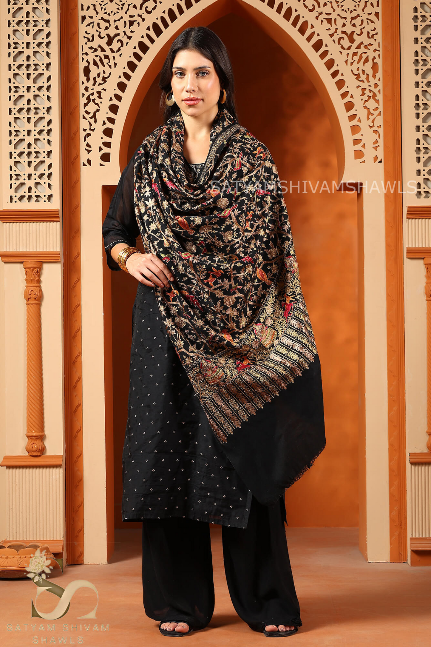 "SHIKAAR-E-KASHMIR" TILLA EMBROIDERY FINE PASHMINA WOOL, WARM AND SOFT,BLACK