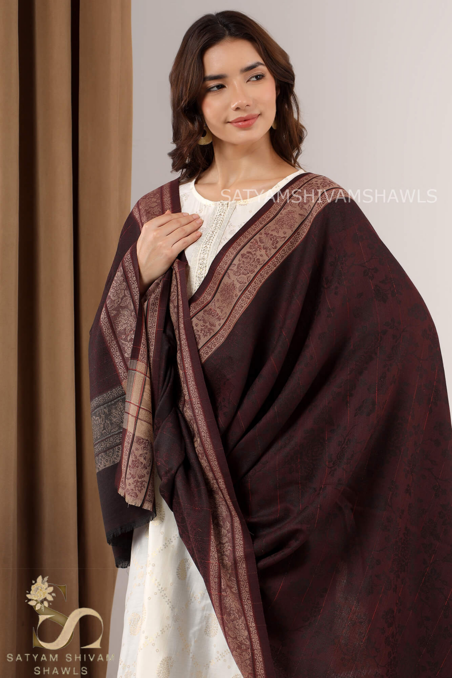 PURE WOOL SELF STRIPS WITH BORDER DESIGN SHAWL,WARM & SOFT,WINE