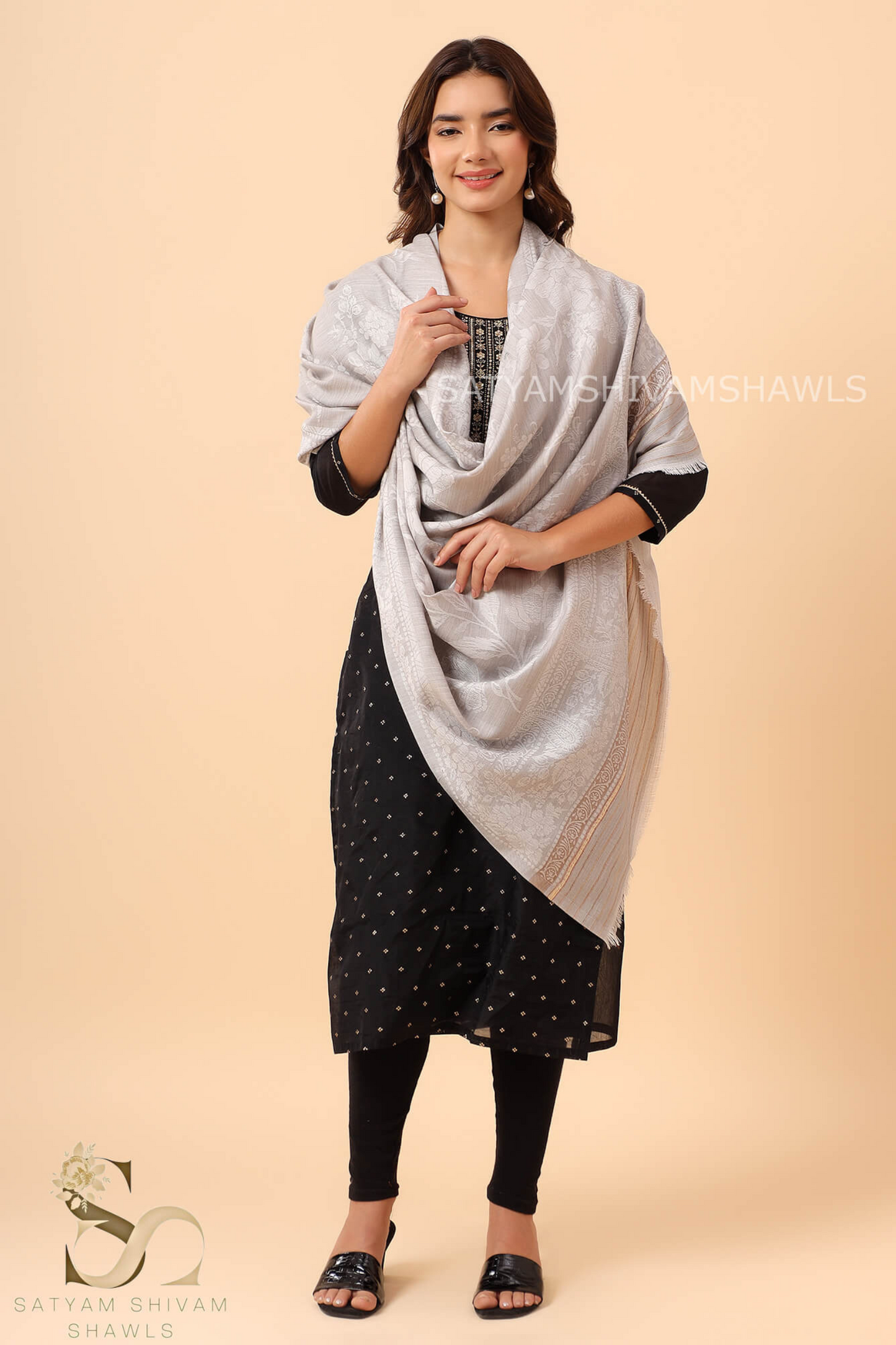 PASHMINA BLENDED WOOL REVERSIBLE SELF LOTUS DESIGN SHAWL,SLIVER GREY