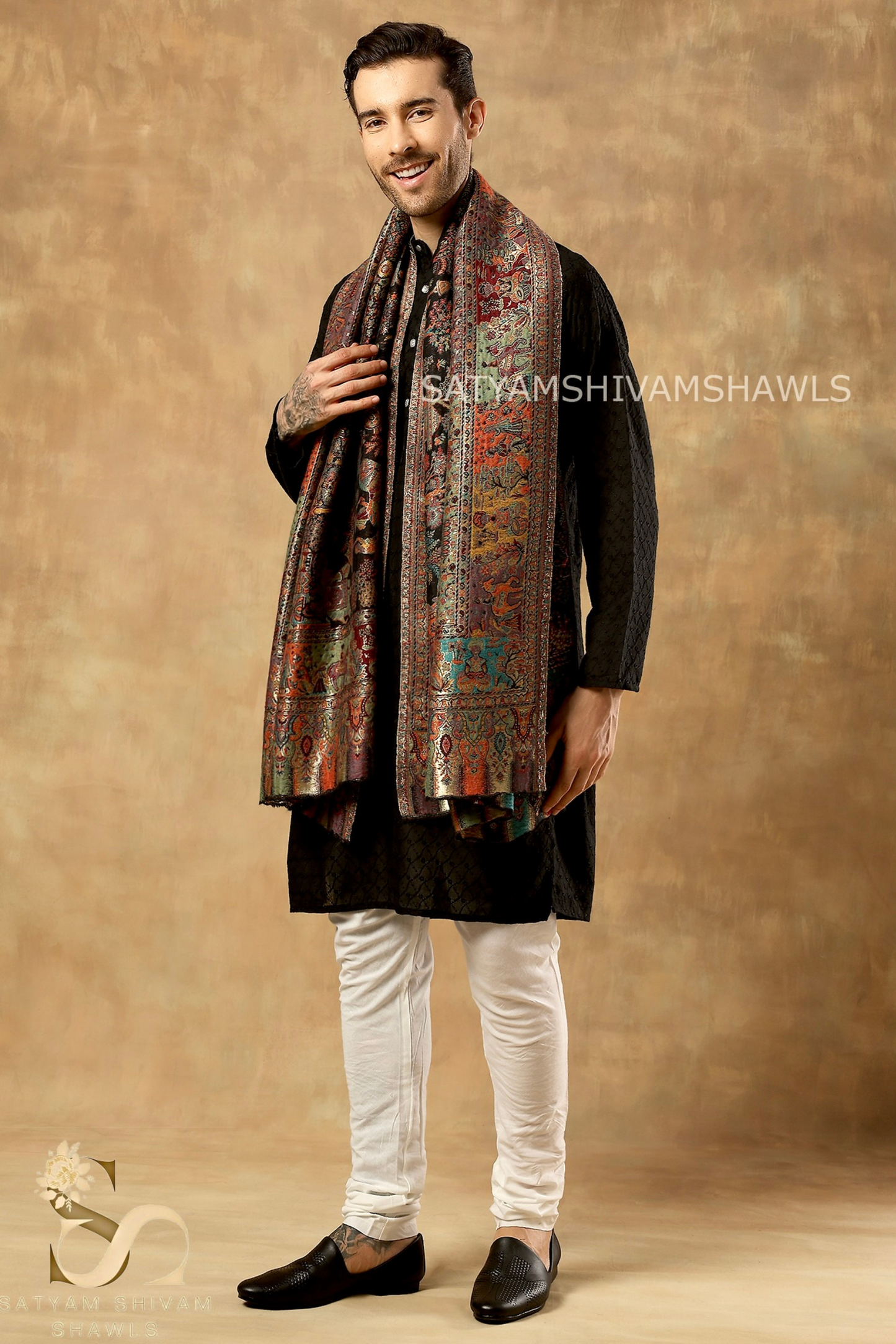 MOONLIGHT REVERSIBLE FINE WOOL PASHMINA MENS SHAWL,