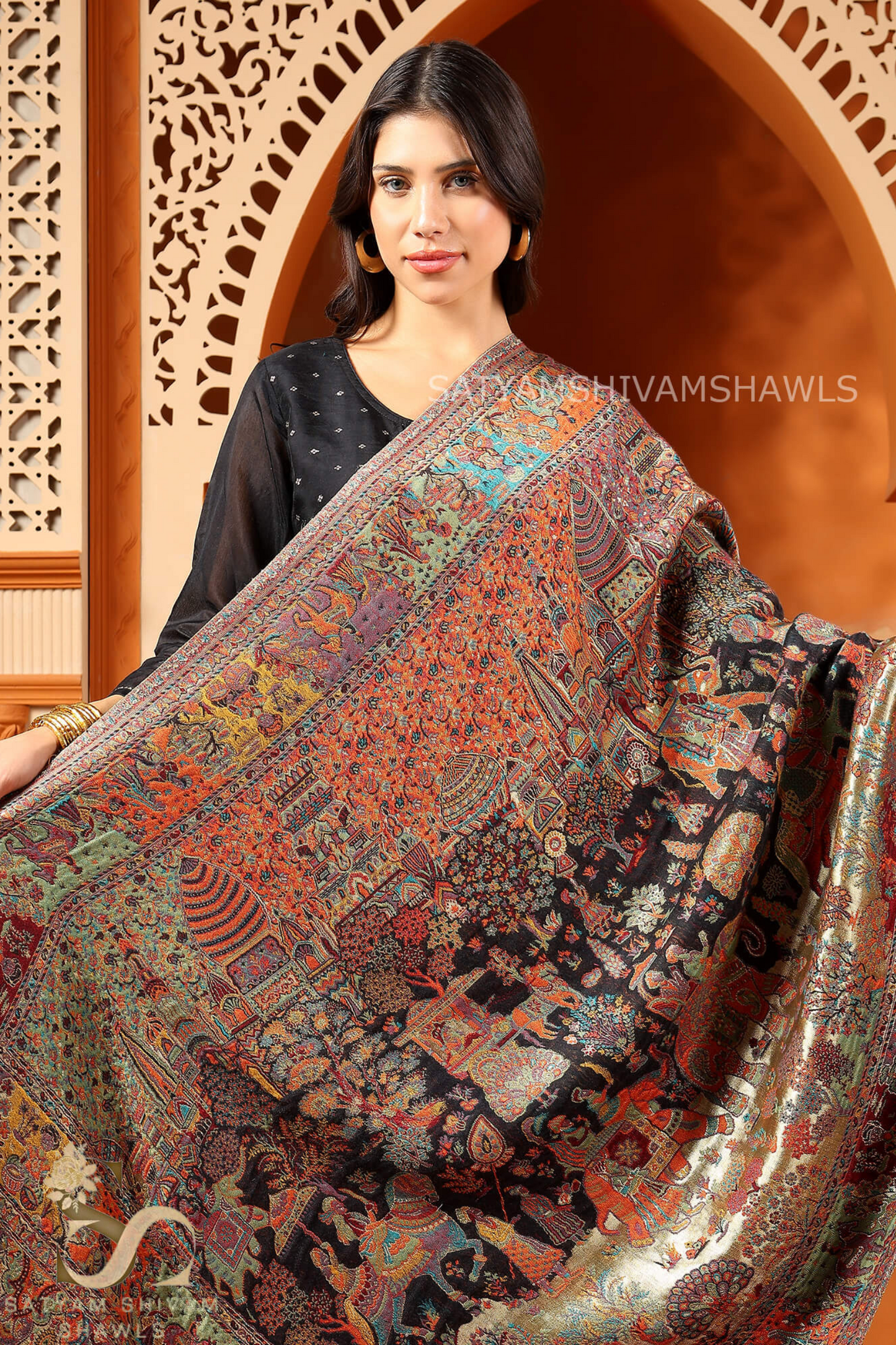 TWINLIGHT REVERSIBLE FINE WOOL PASHMINA DHOLI THEME DESIGSHAWL,BLACK GOLDEN