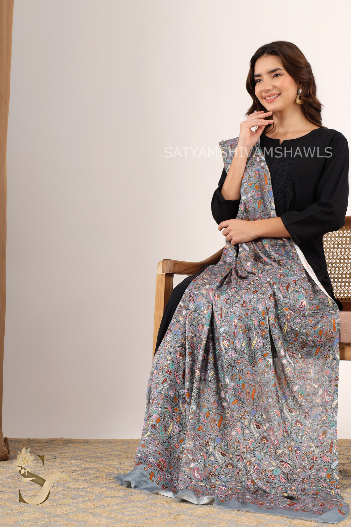 KALAMKARI KANI LEAF PRINT DESIGN WOMENS SHAWL SILK WOOL,GREY