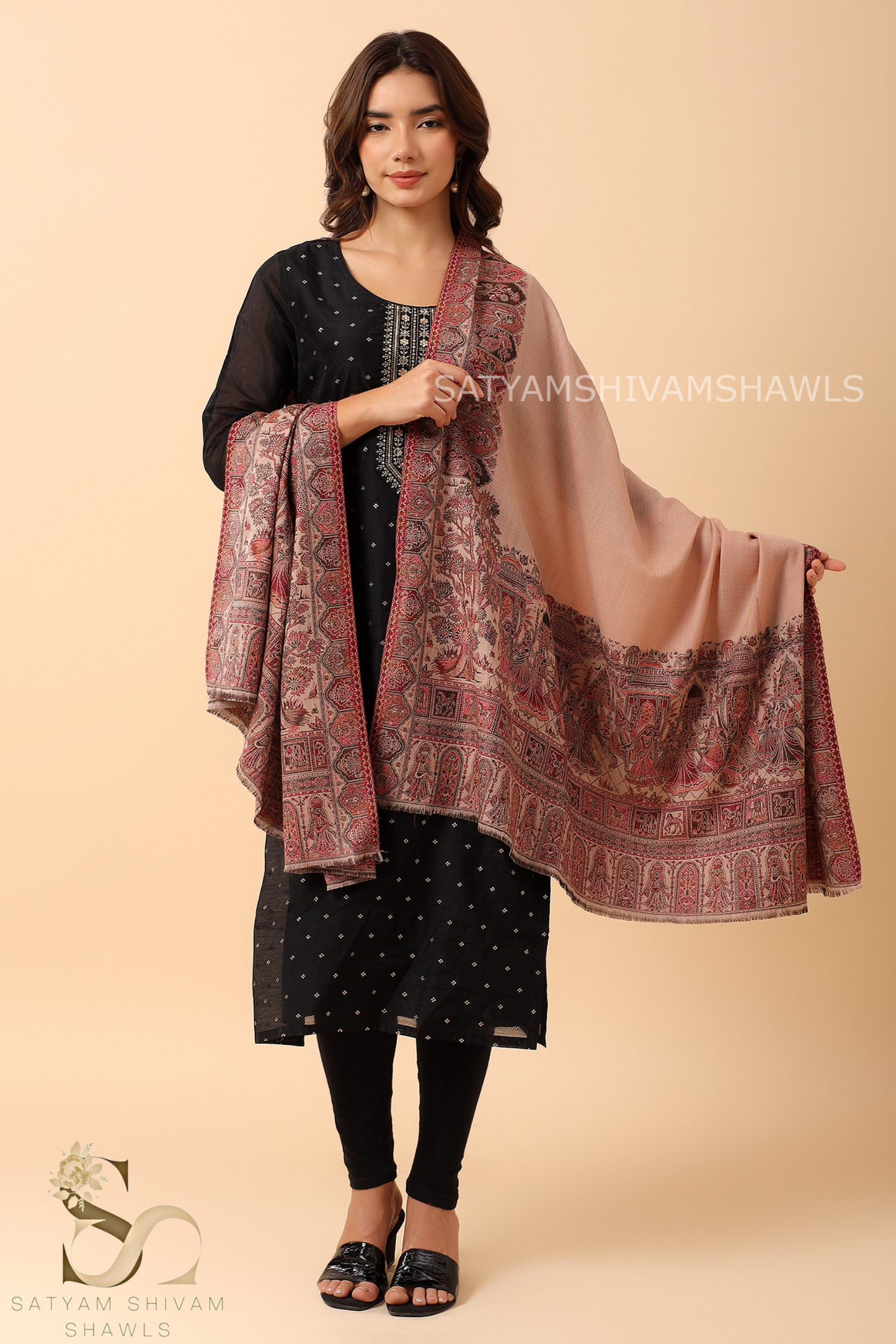 WOMENS 100%PURE WOOL KANI BORDER WEAVE SHAWL, SOFT, WARM AND LIGHT WEIGHT