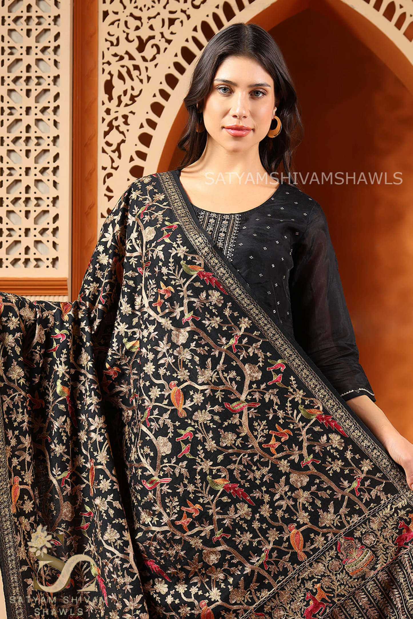 "SHIKAAR-E-KASHMIR" TILLA EMBROIDERY FINE PASHMINA WOOL, WARM AND SOFT,BLACK