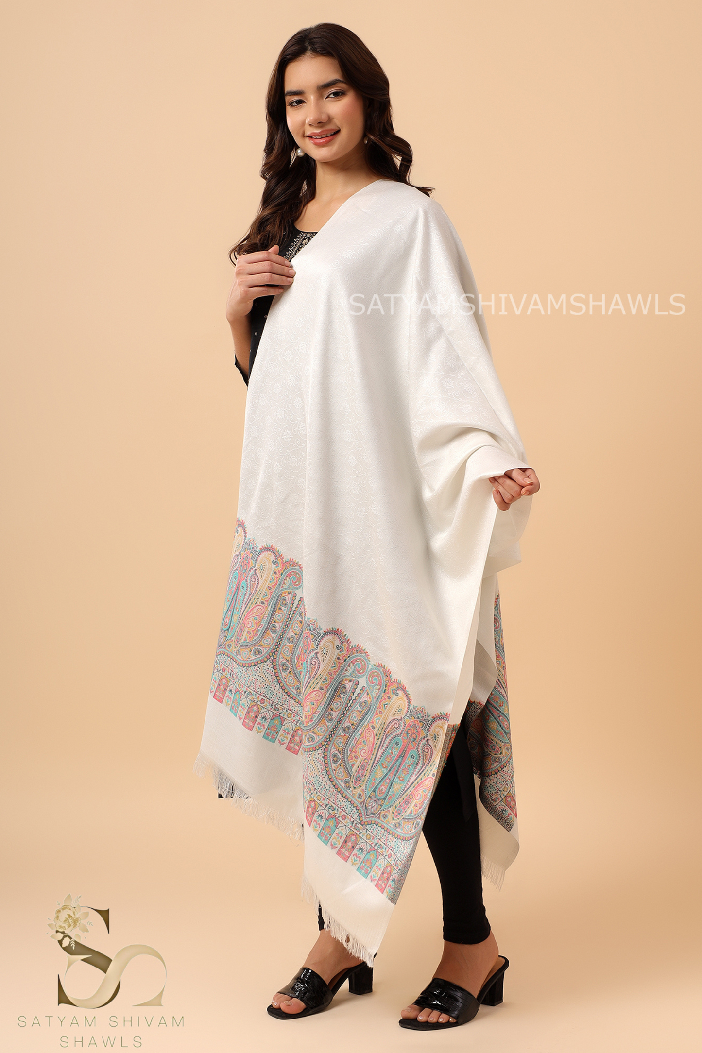 ANAQAT VINTAGE PAISLEY PALLA KANI WOMENS STOLE, WHITE