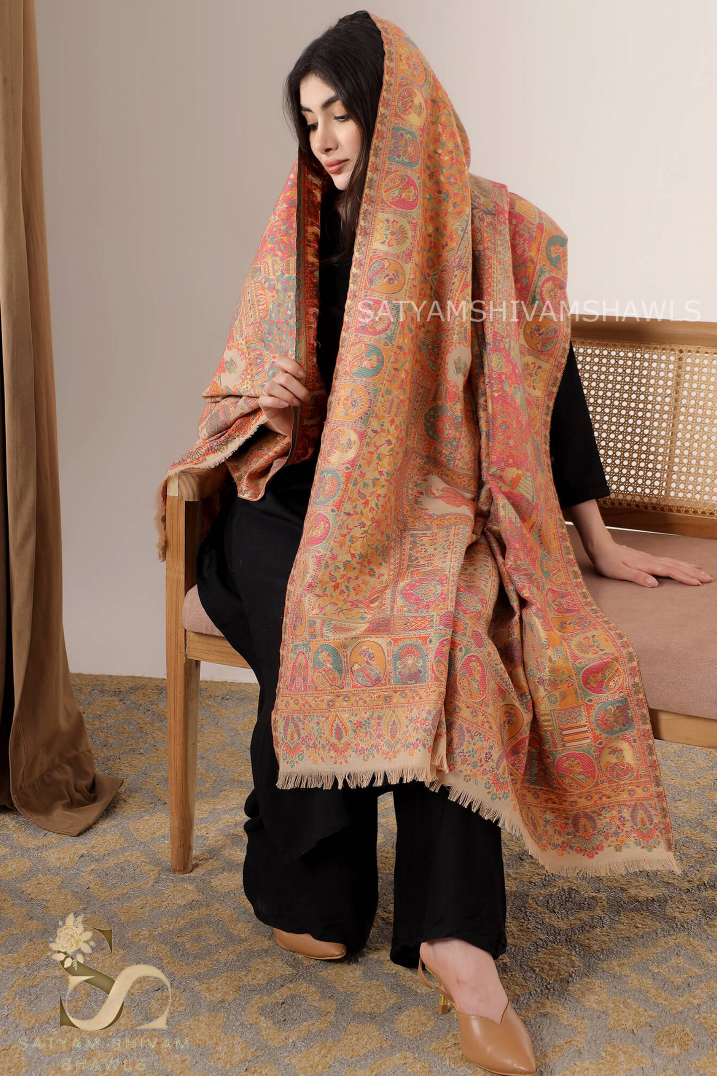 "SHAAN -E-DARBAR" THEME KANI PASHMINA BLEND WOOL SHAWLS ,LIGHT WEIGHT AND WARM,BEIGE