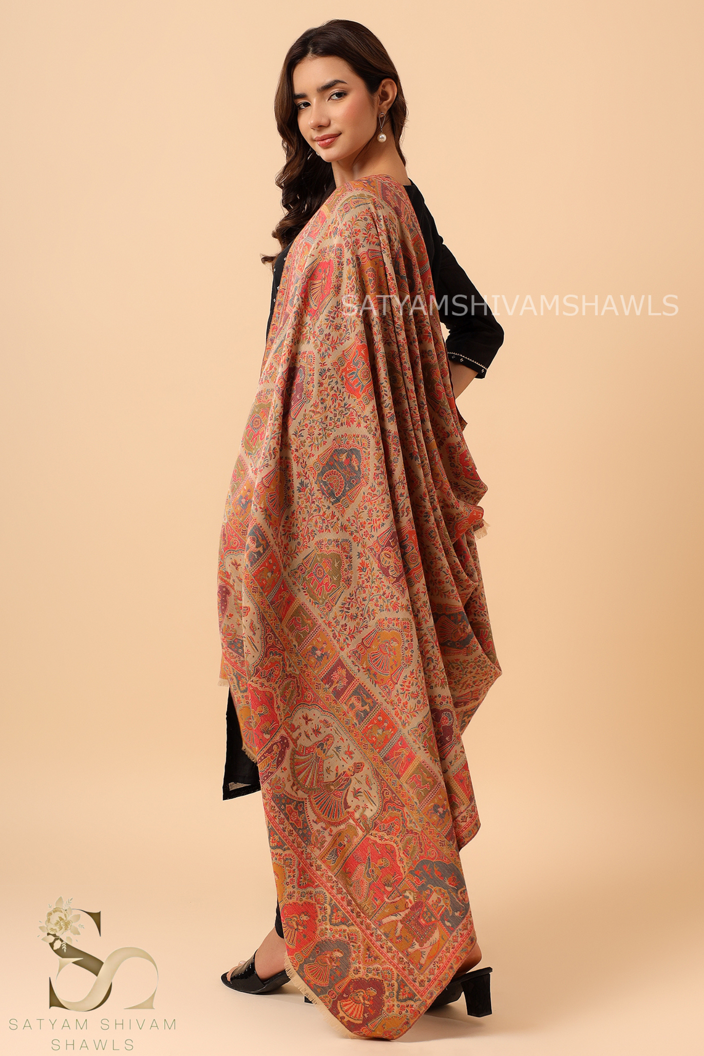 Womens 100% Pure Wool kani Ethnic Weave Shawl, Soft And Warm, With Woolmark Certificate ,light
