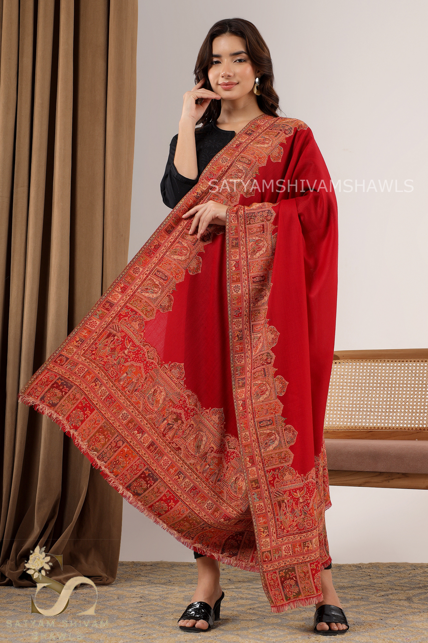 100%PURE WOOL KANI ETHNIC BORDER WEAVE SHAWL SOFT AND WARM,WITH WOOLMARK CERTIFICATE,MARRON