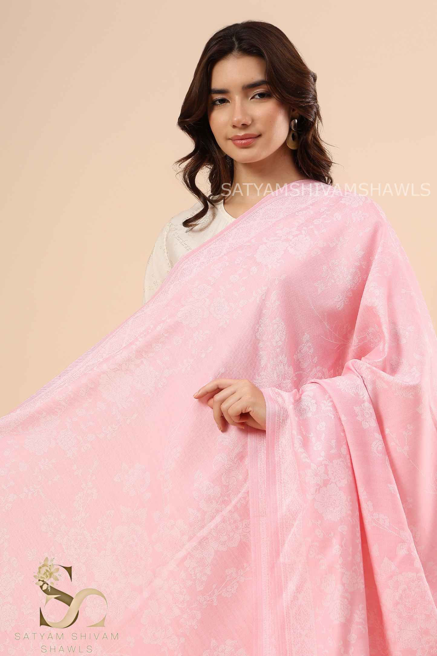 PASHMINA BLENDED WOOL REVERSIBLE SELF SUNFLOWER DESIGN SHAWL BABY PINK COLOR