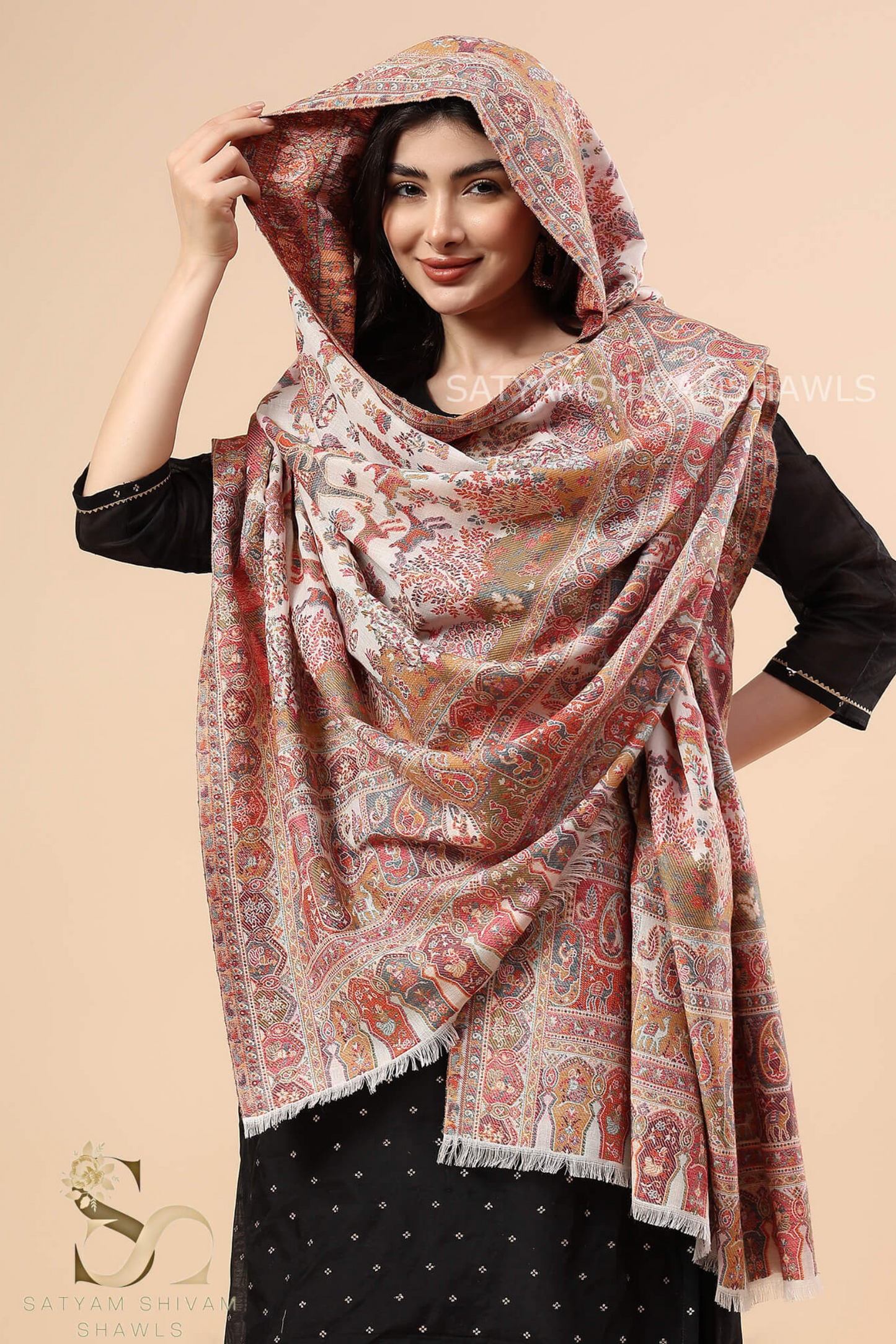 "GARDEN OF DELIGHT" PASHMINA KANI SHIKARGAH DHOLI THEME DESIGN SHAWL,WARM AND SOFT,WHITE