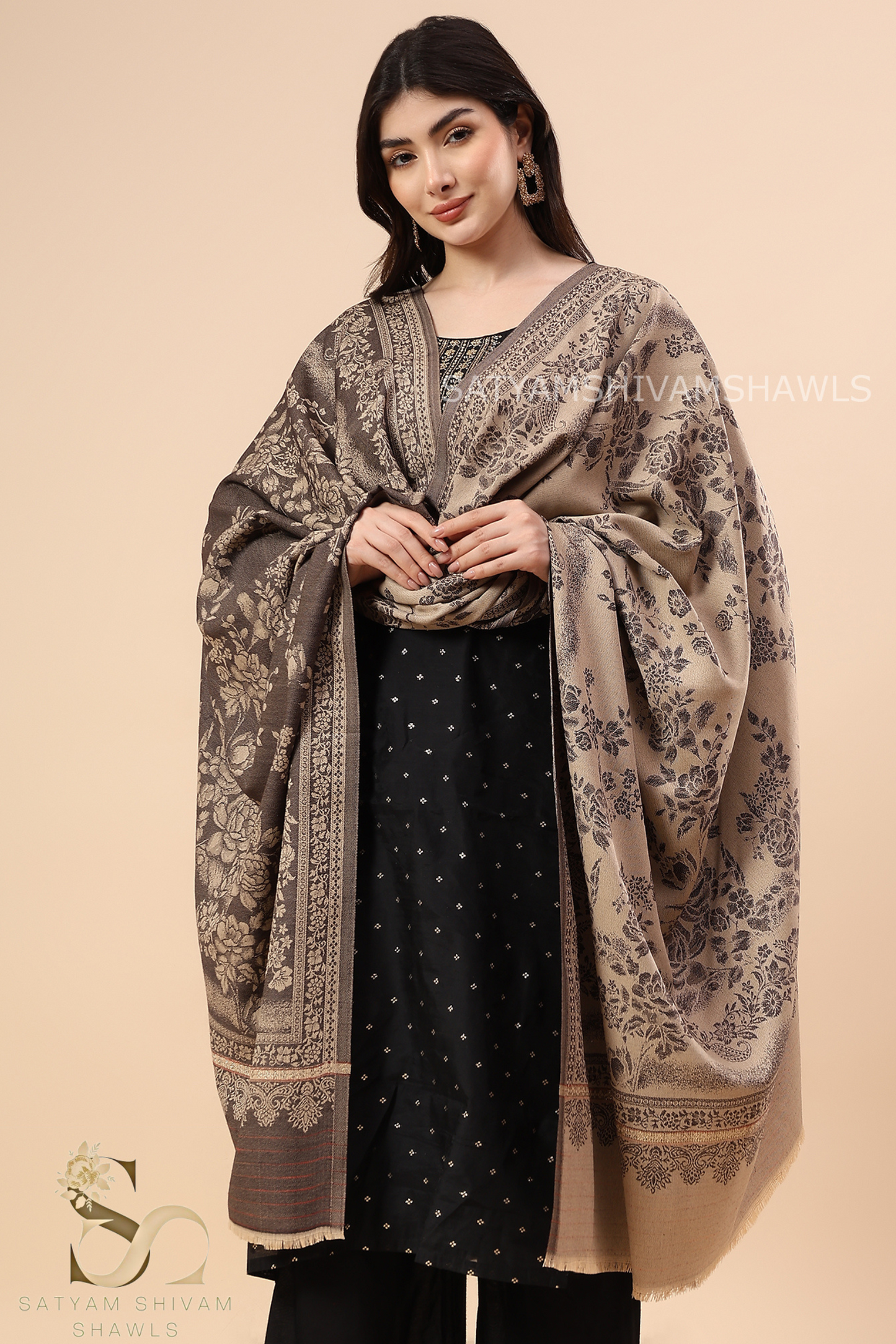 PURE WOOL ALL OVER REVERSIBLE SELF ROSE DESIGN SHAWL, SOFT, AND WARM ,COFFEE
