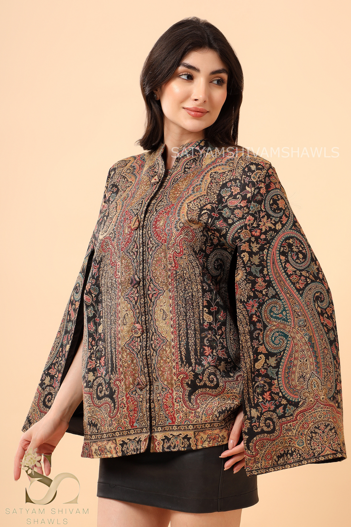 KANI WOVEN VINTAGE KASHMIRI PASHMINA BLEND WOOL CAPE,BLACK