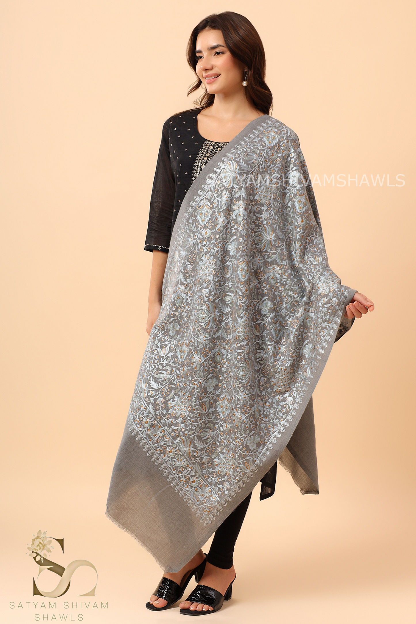 PASHMINA FINE WOOL NALKI EMBROIDERY WEAVE STOLE,WARM & SOFT,GREY