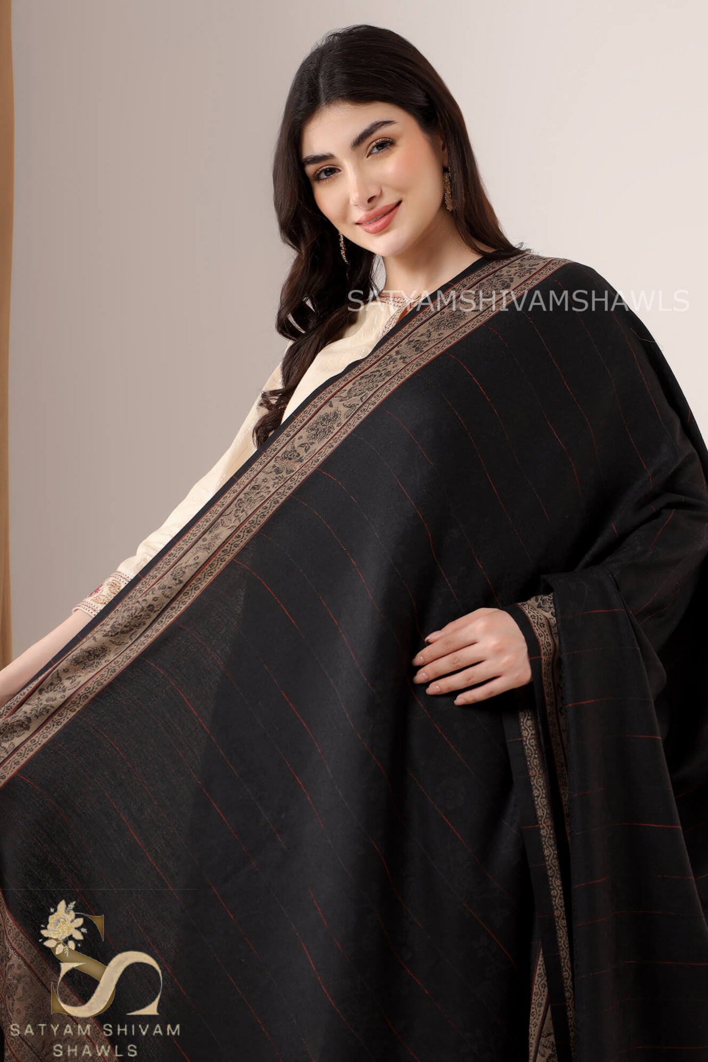 PURE WOOL REVERSIBLE BORDER WITH STRIPS DESIGN SHAWL ,BLACK