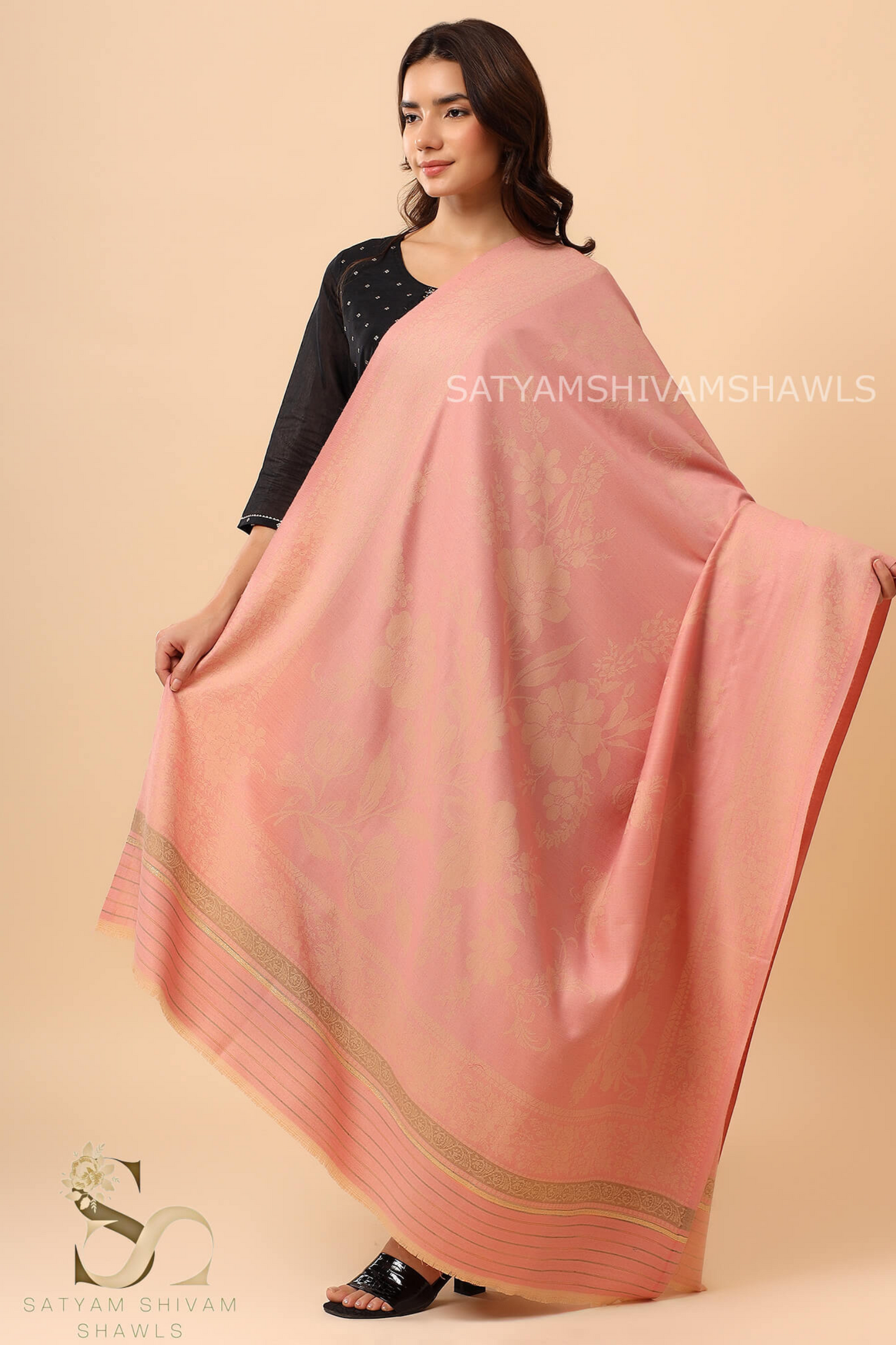 PURE WOOL REVERSIBLE SELF LOTUS DESIGN SHAWL