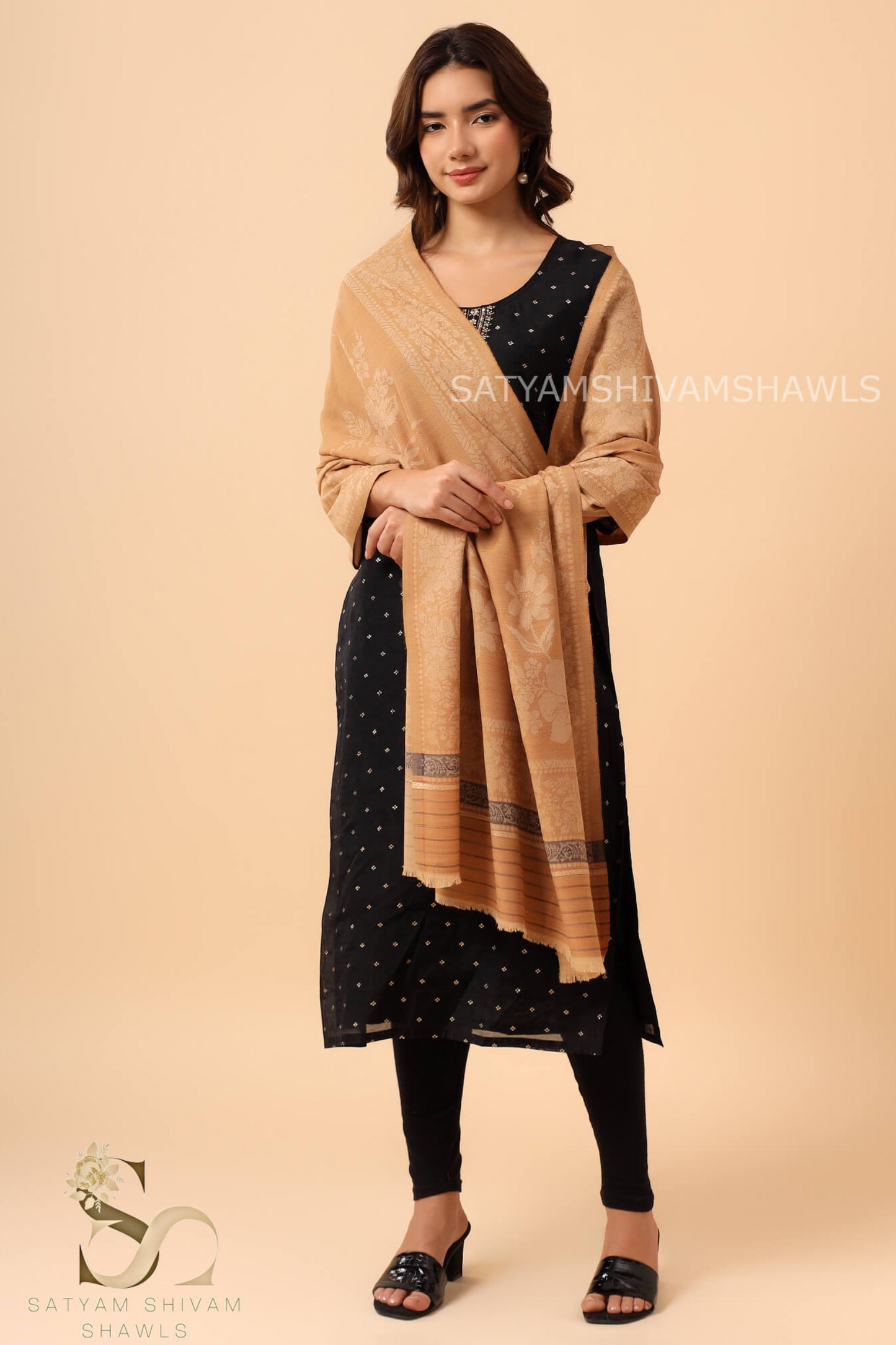 PURE WOOL REVERSIBLE SELF FLOWER DESIGN SHAWL,MUSTARD
