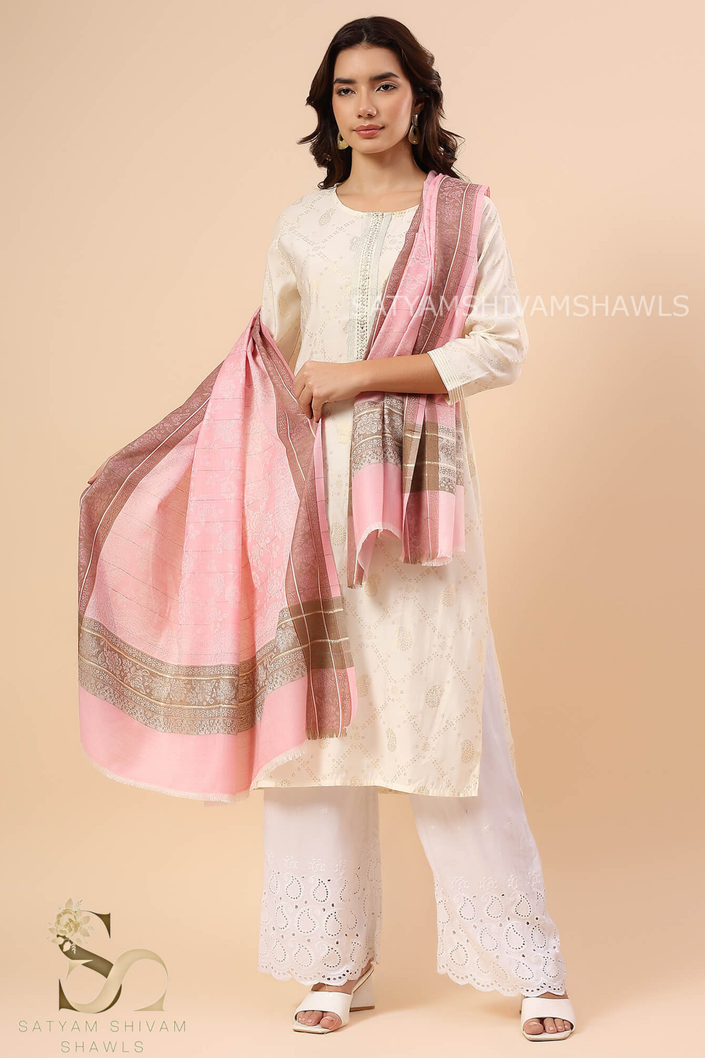 PURE WOOL ALL OVER SELF DESIGN WITH BORDER AND STRIPS DESIGN SHAWL,WARM & SOFT,BABY PINK