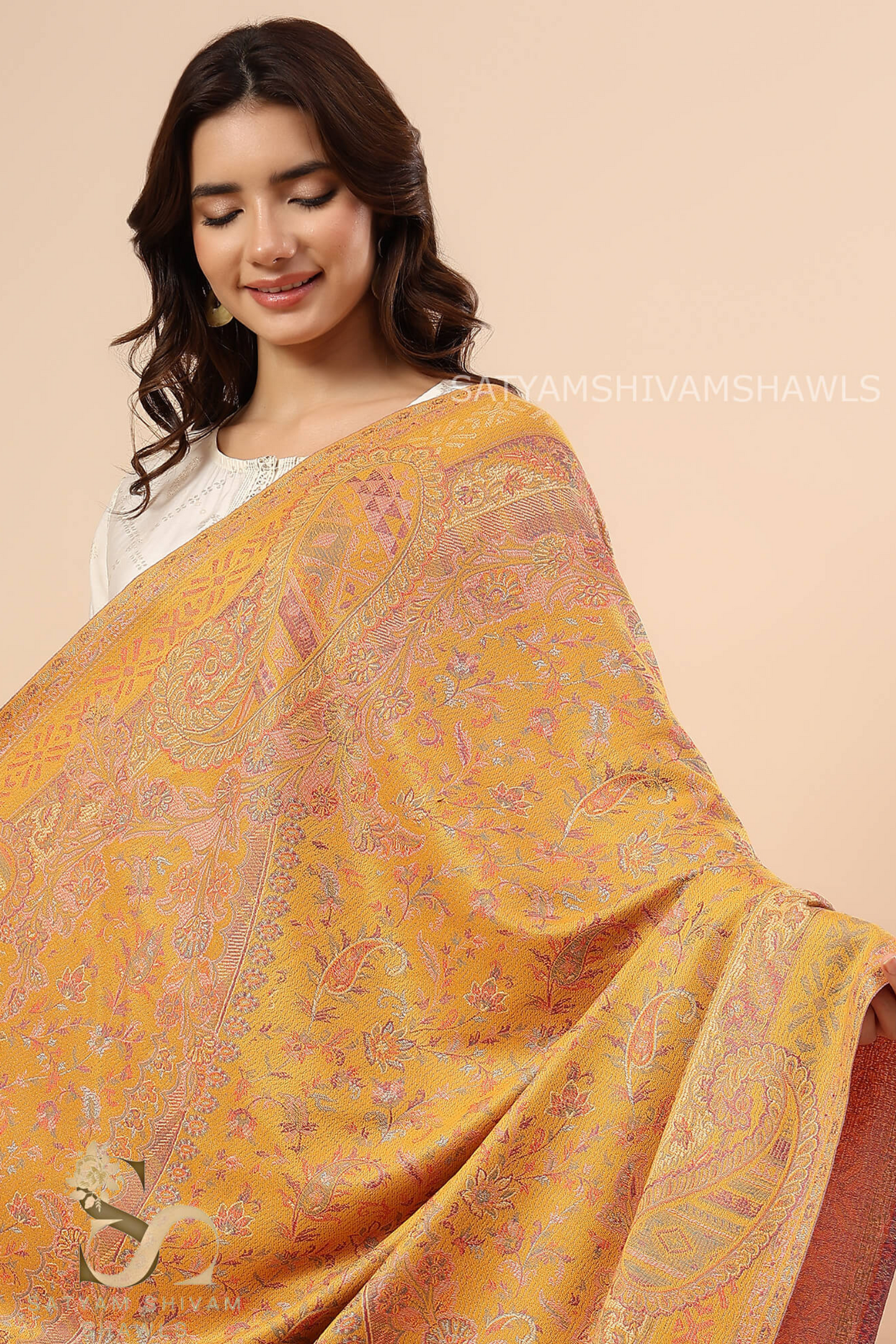 PURE WOOL ETHNIC KANI WEAVED SHAWL,WARM AND SOFT,YELLOW