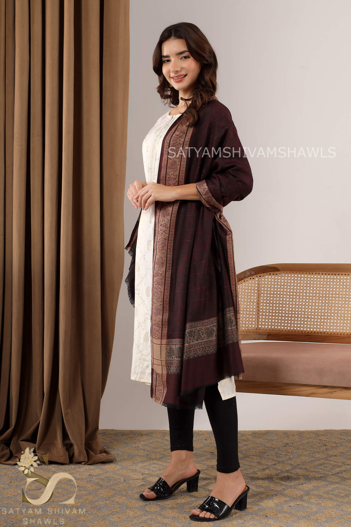 PURE WOOL SELF STRIPS WITH BORDER DESIGN SHAWL,WARM & SOFT,WINE
