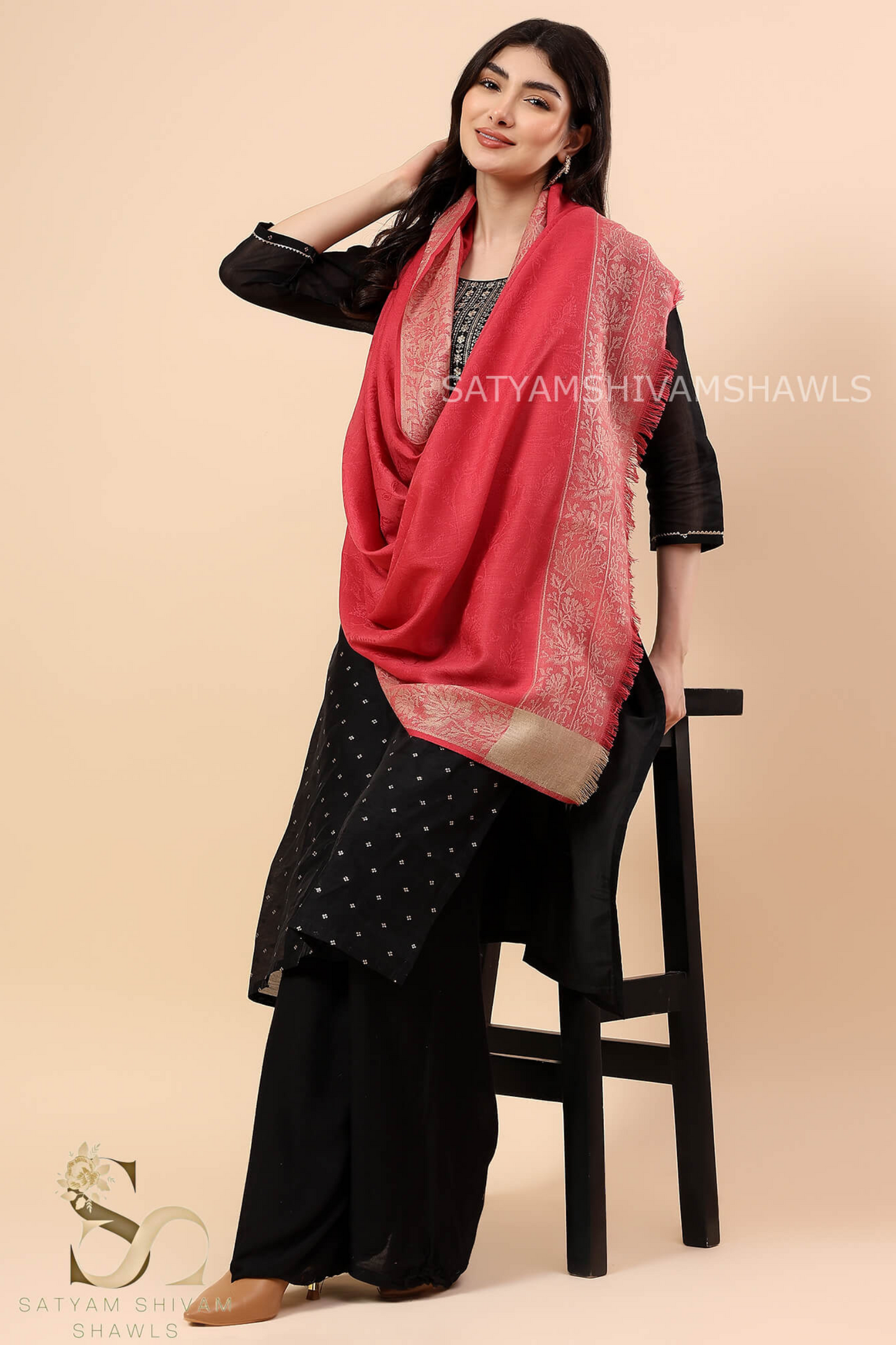 PURE WOOL REVERSIBLE SELF BORDER DESIGN SHAWL ,GAJARI