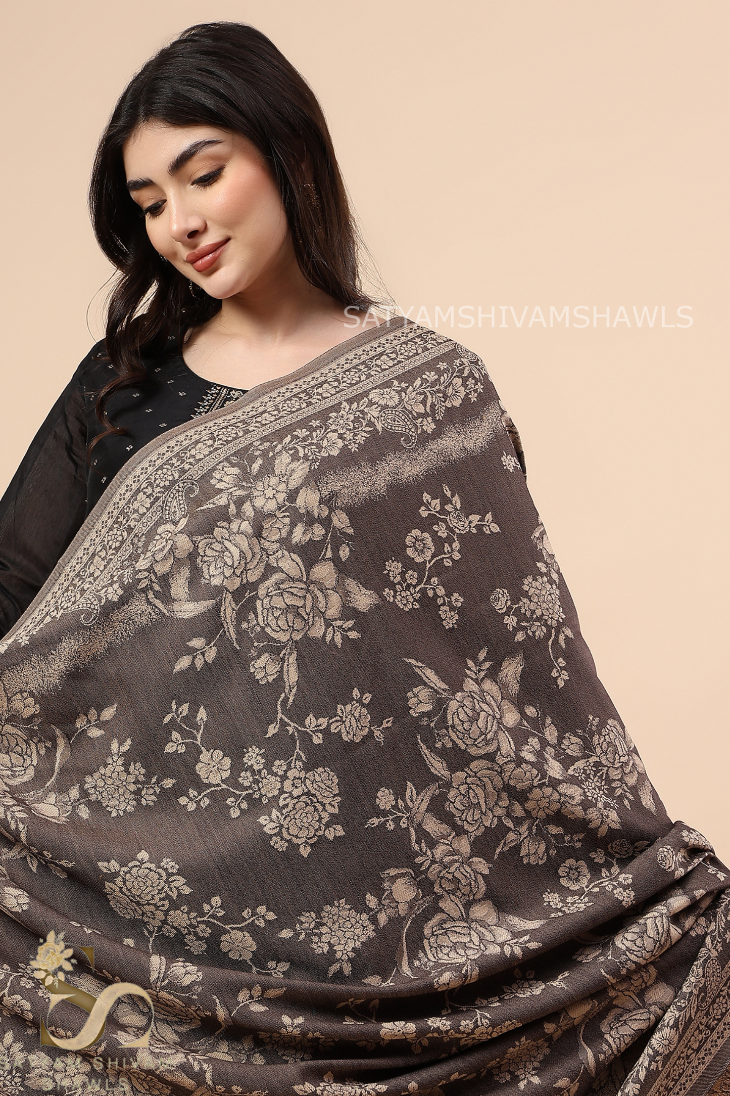 PURE WOOL ALL OVER REVERSIBLE SELF ROSE DESIGN SHAWL, SOFT, AND WARM ,COFFEE
