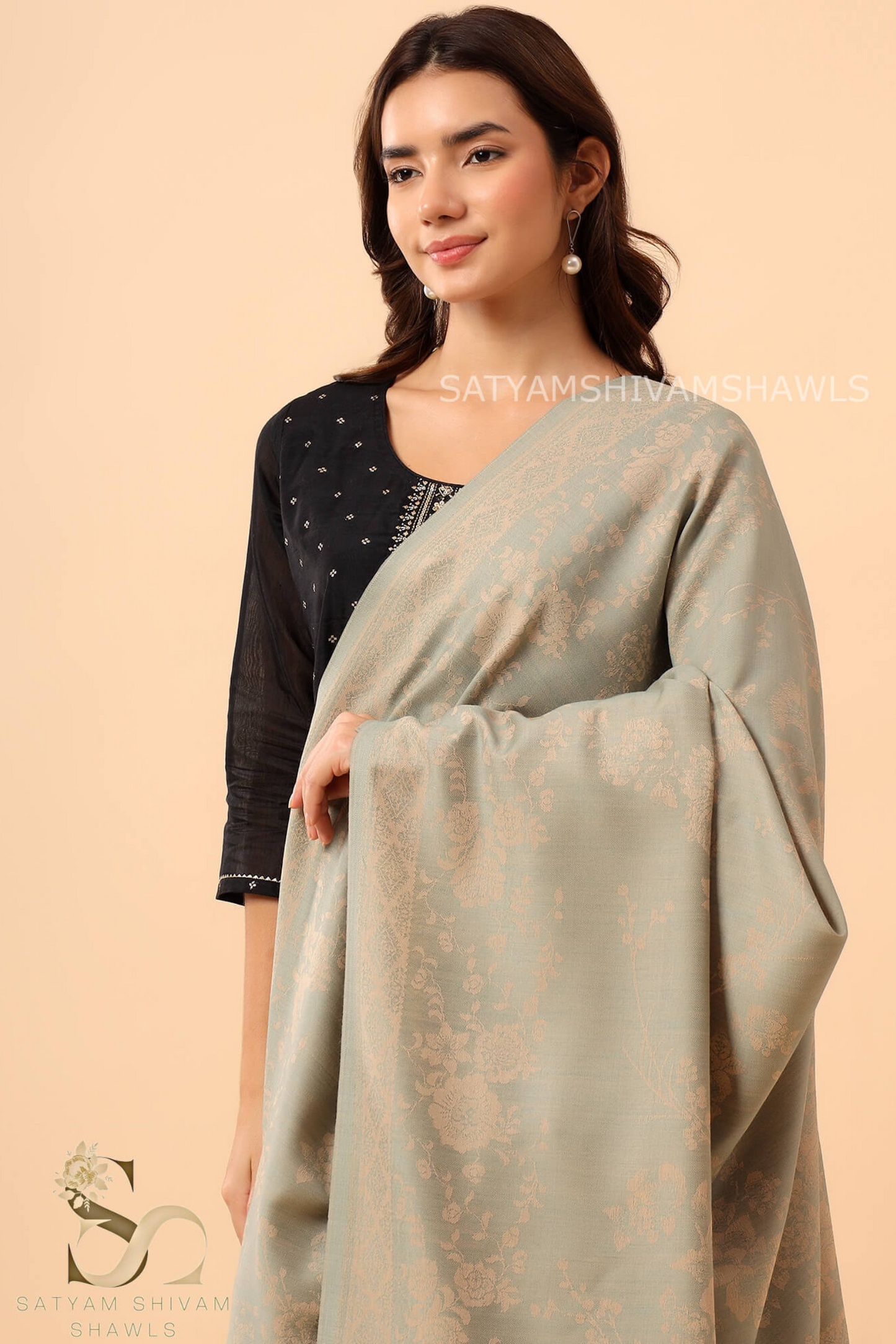 PASHMINA BLENDED WOOL REVERSIBLE SELF FLOWER DESIGN SHAWL,PISTA