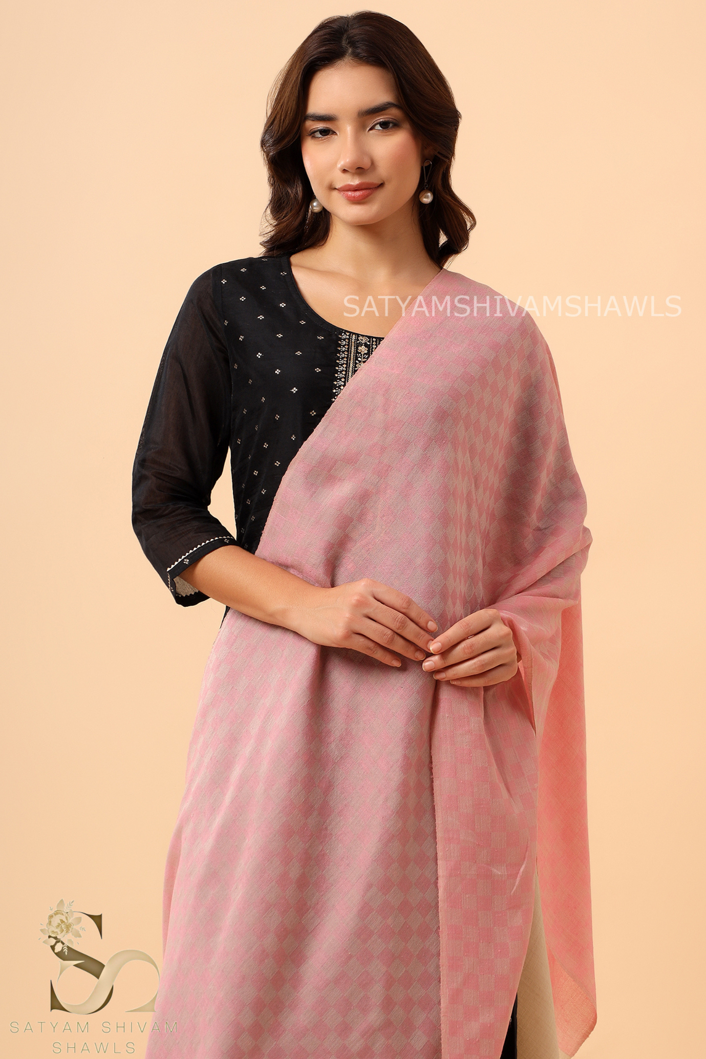 EXTRA FINE WOOL MIST CHECK WOMES STOLES,PINK