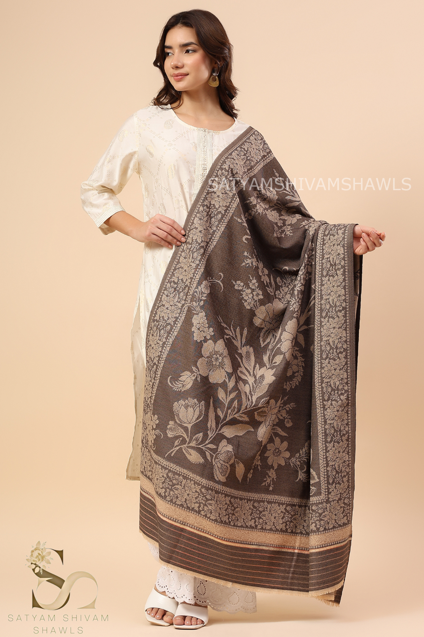 PASHMINA BLENDED WOOL REVERSIBLE SELF LOTUS DESIGN SHAWL,COFFEE