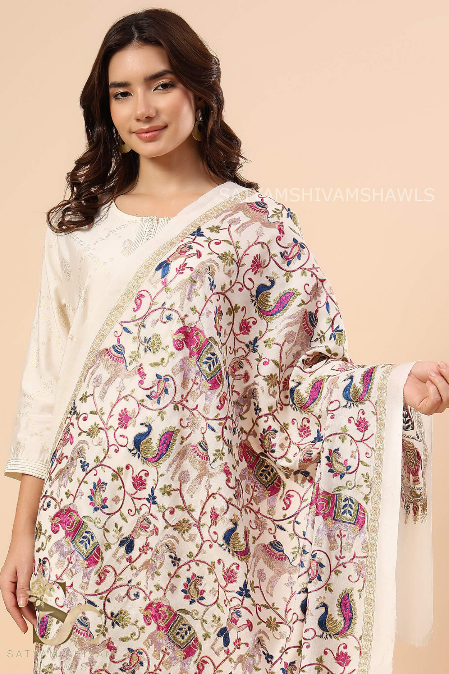 "SHIKAAR-E-KASHMIR" TILLA EMBRODIERY FINE PASHMINA WOOL, WARM AND SOFT,WHITE