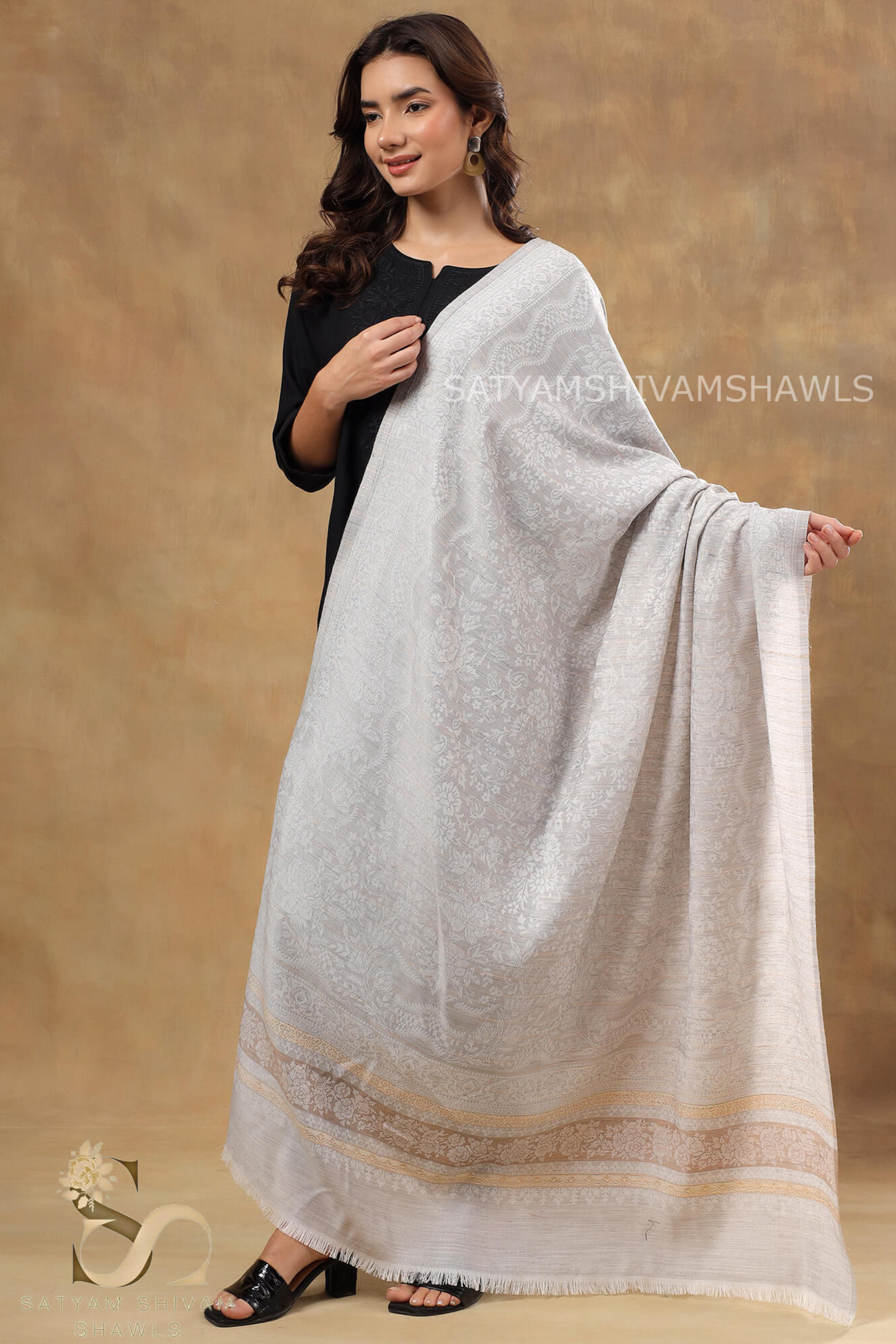 "GREY WHISPER" PURE WOOL SELF DESIGN SHAWL,SOFT & WARM