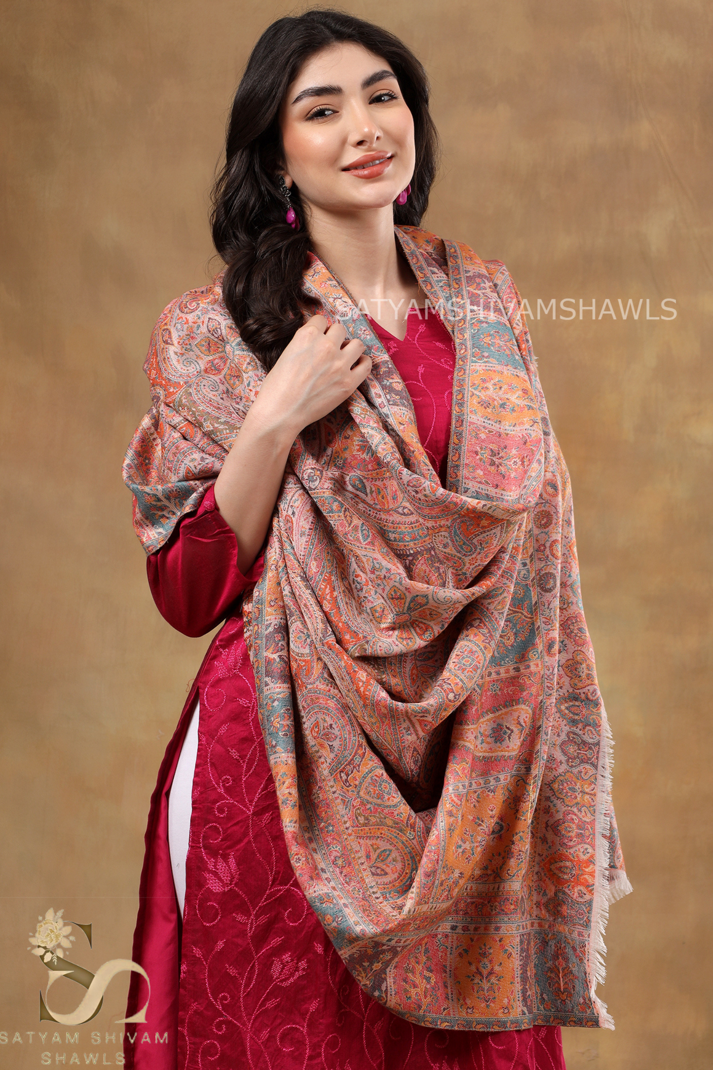 WOMENS 100%PURE WOOL KANI ETHNIC WEAVE SHAWL, SOFT AND WARM, PINK