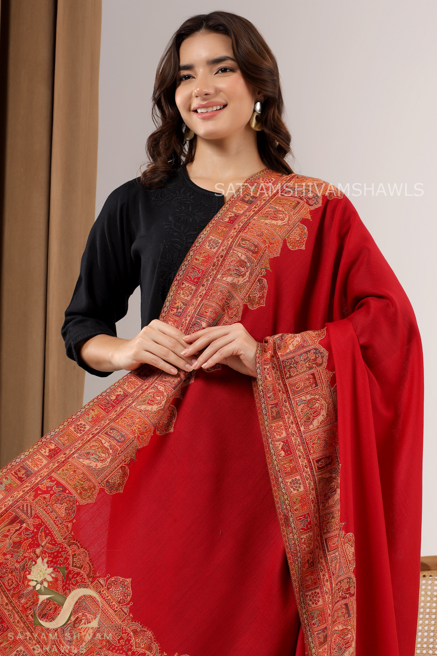 100%PURE WOOL KANI ETHNIC BORDER WEAVE SHAWL SOFT AND WARM,WITH WOOLMARK CERTIFICATE,MARRON