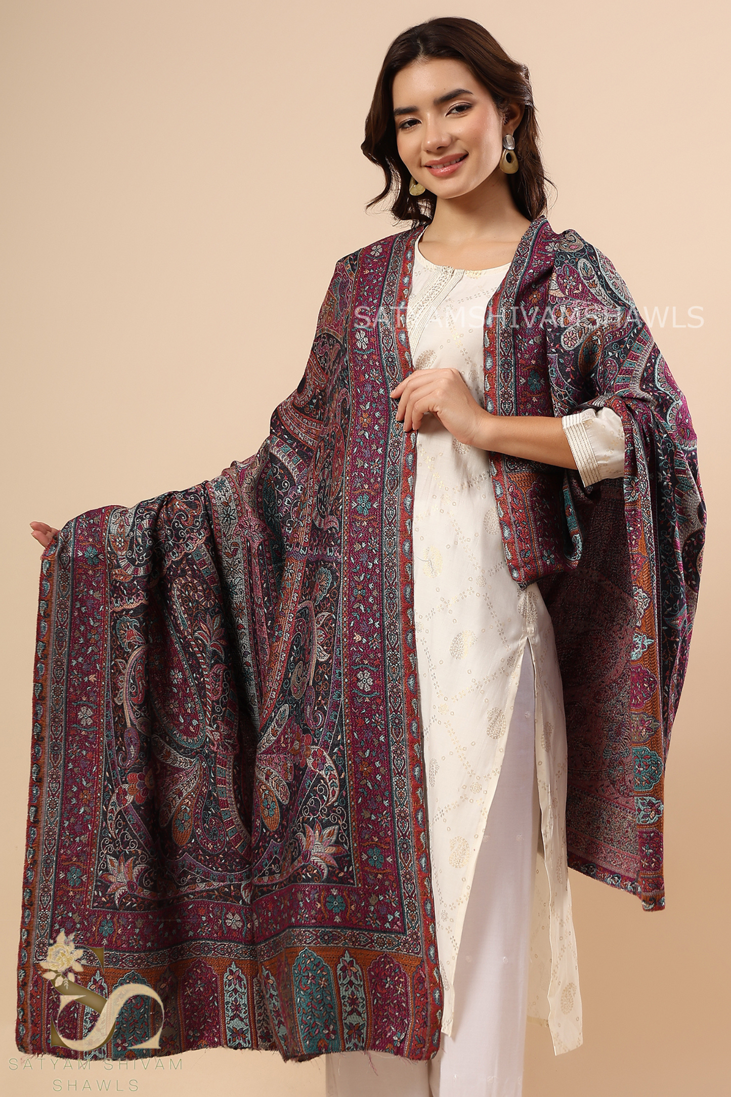 TURKISH PAISLEY FINE WOOL PASHMINA JAMAWAR KANI SHAWLS,MULTY KASHMIRI COLOURS ON BLACK BASE