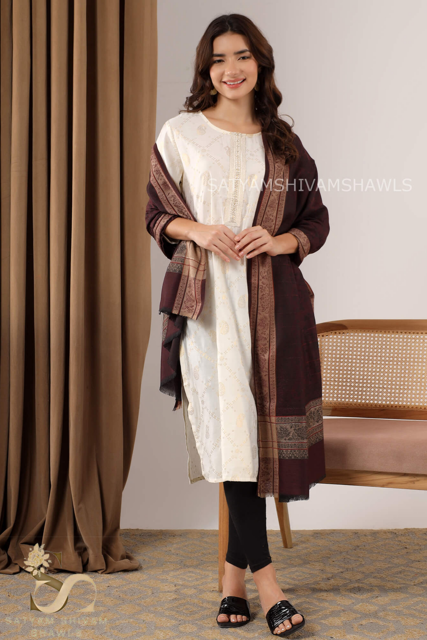 PURE WOOL SELF STRIPS WITH BORDER DESIGN SHAWL,WARM & SOFT,WINE