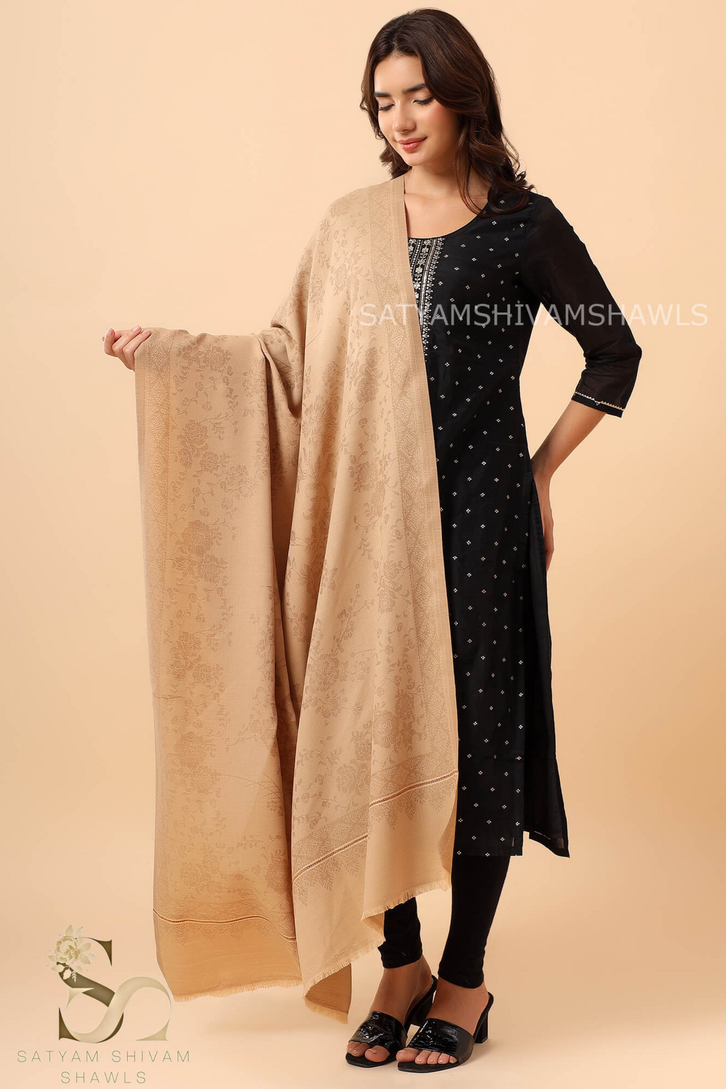PURE WOOL REVERSIBLE SELF SUNFLOWER DESIGN SHAWL