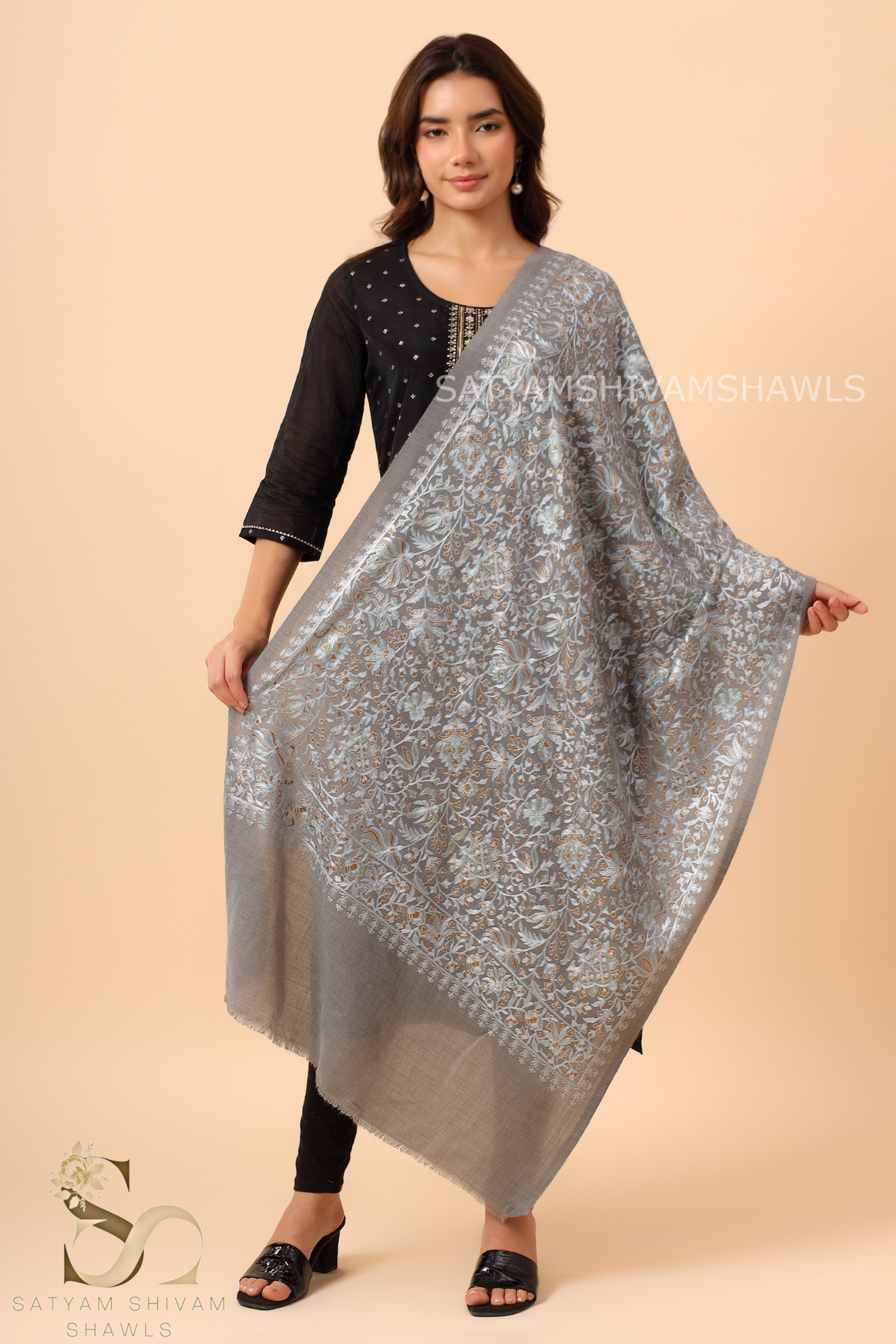 PASHMINA FINE WOOL NALKI EMBROIDERY WEAVE STOLE,WARM & SOFT,GREY