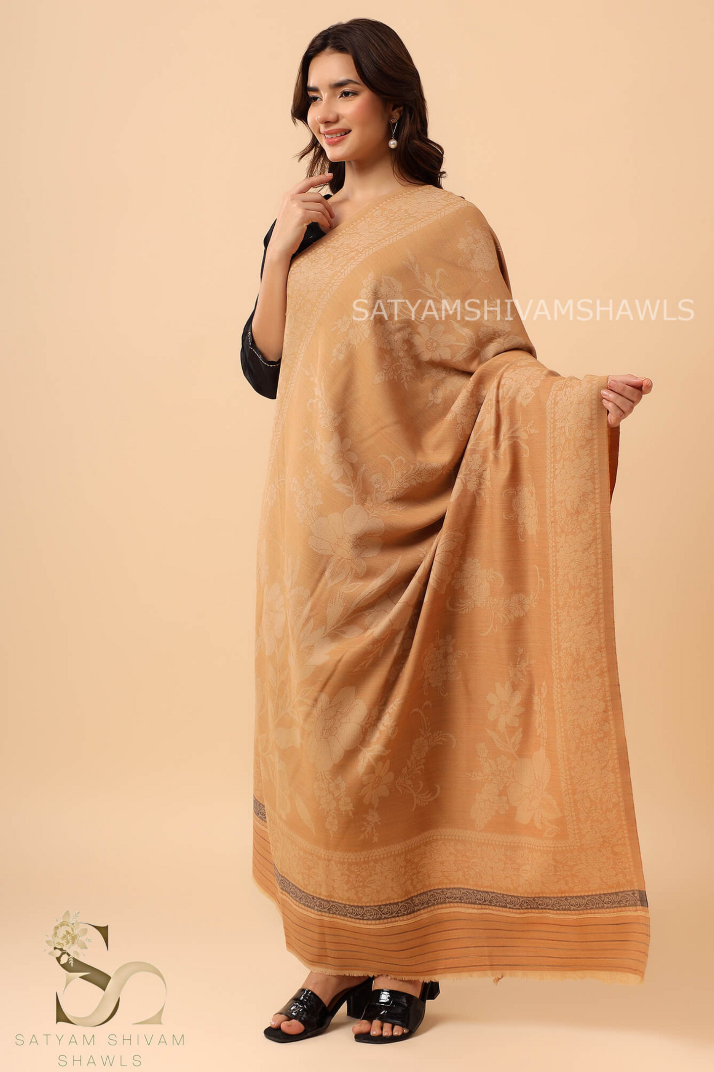 PURE WOOL REVERSIBLE SELF FLOWER DESIGN SHAWL,MUSTARD