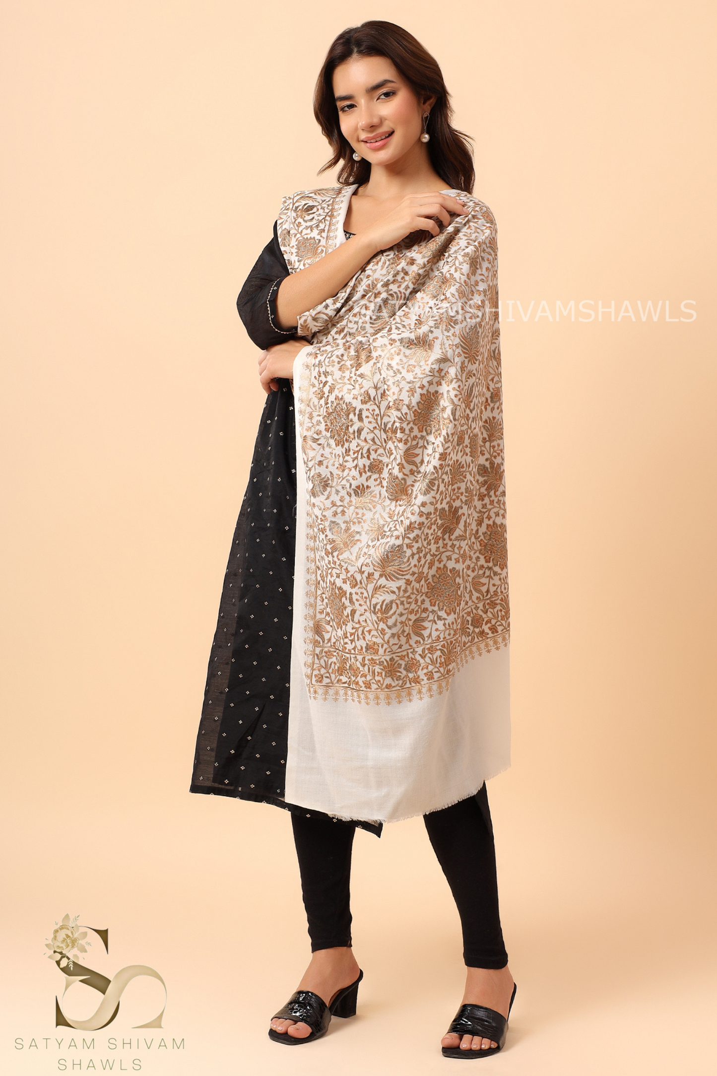 PASHMINA FINE WOOL NALKI EMBRODIERY WEAVE STOLE,WARM & SOFT,WHITE