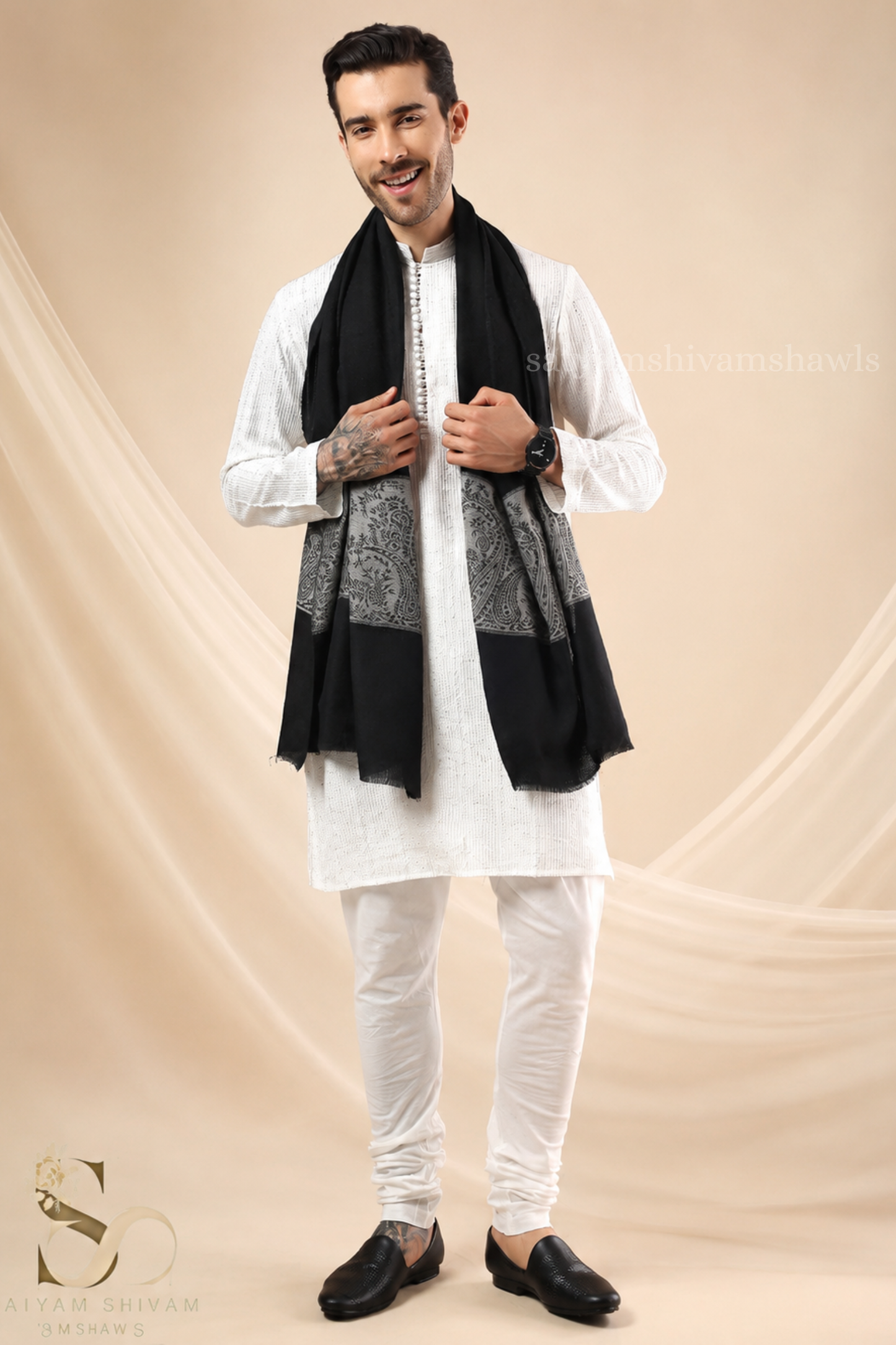 KASHMIRI BLACK SELF WITH ROYAL SKIN PALLA LUXURY PASHMINA STOLE ,MENS