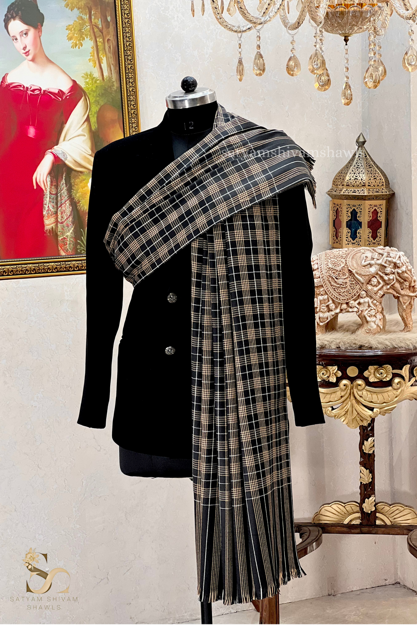 Mens Woven Check Shawl-pure wool , full size,black