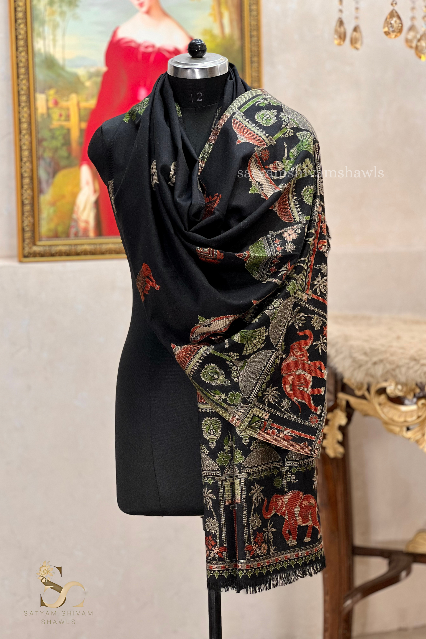 Dholi theme elephant design pure wool stole,black