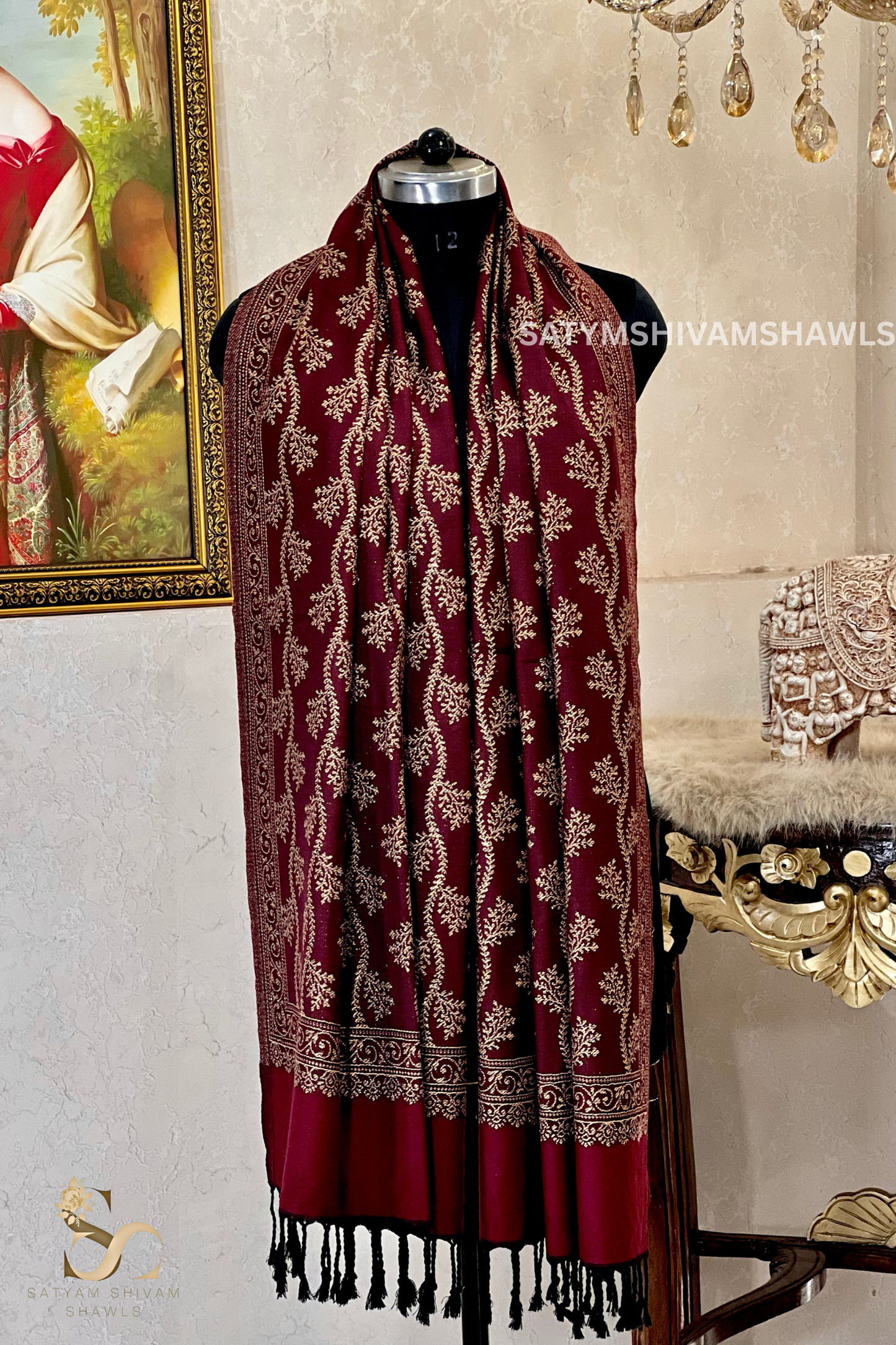 pure wool zari weaved stole,wine
